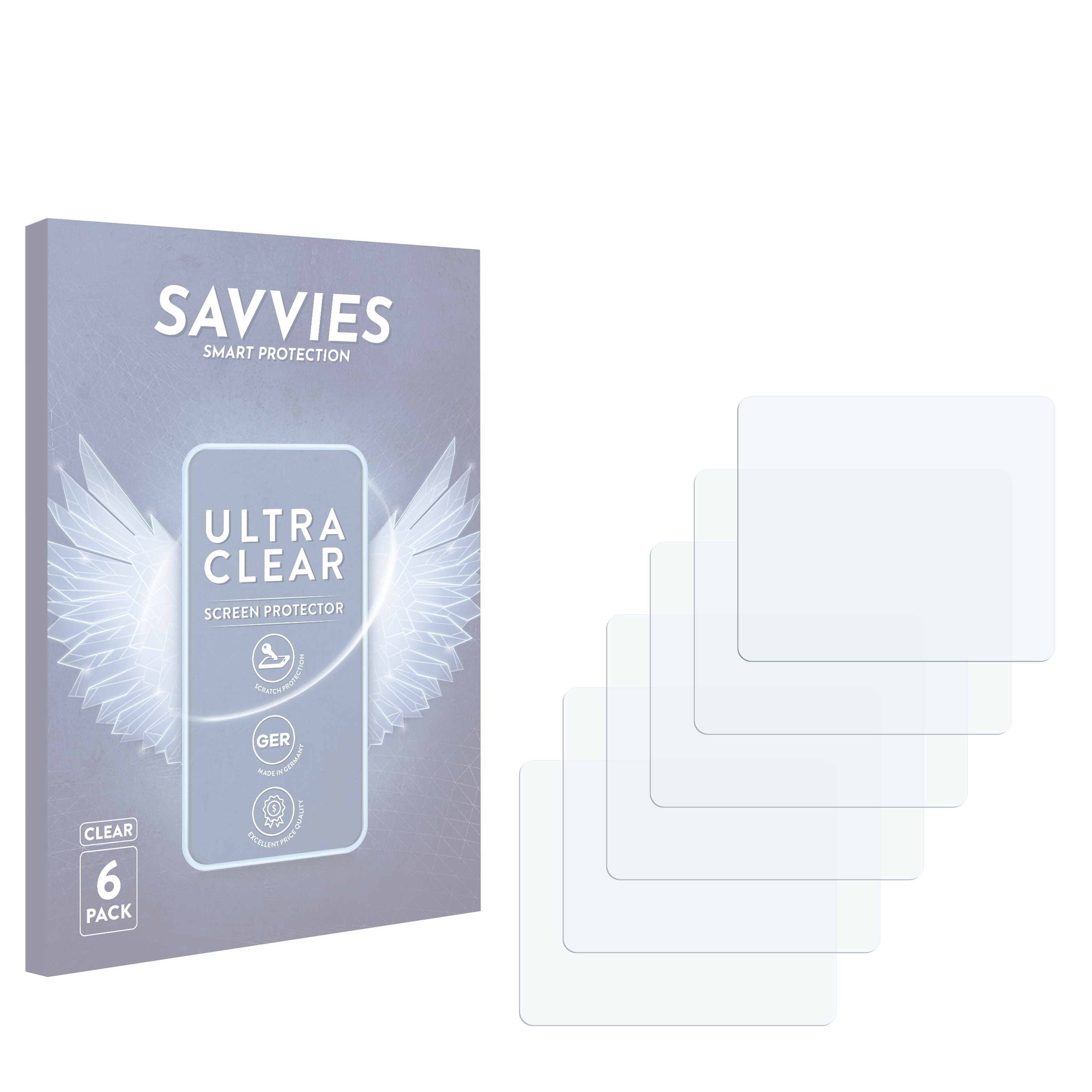 Verpackung für SAVVIES Ultra Clear Displayschutzfolien, 6er Pack, mit deutschen Texten.