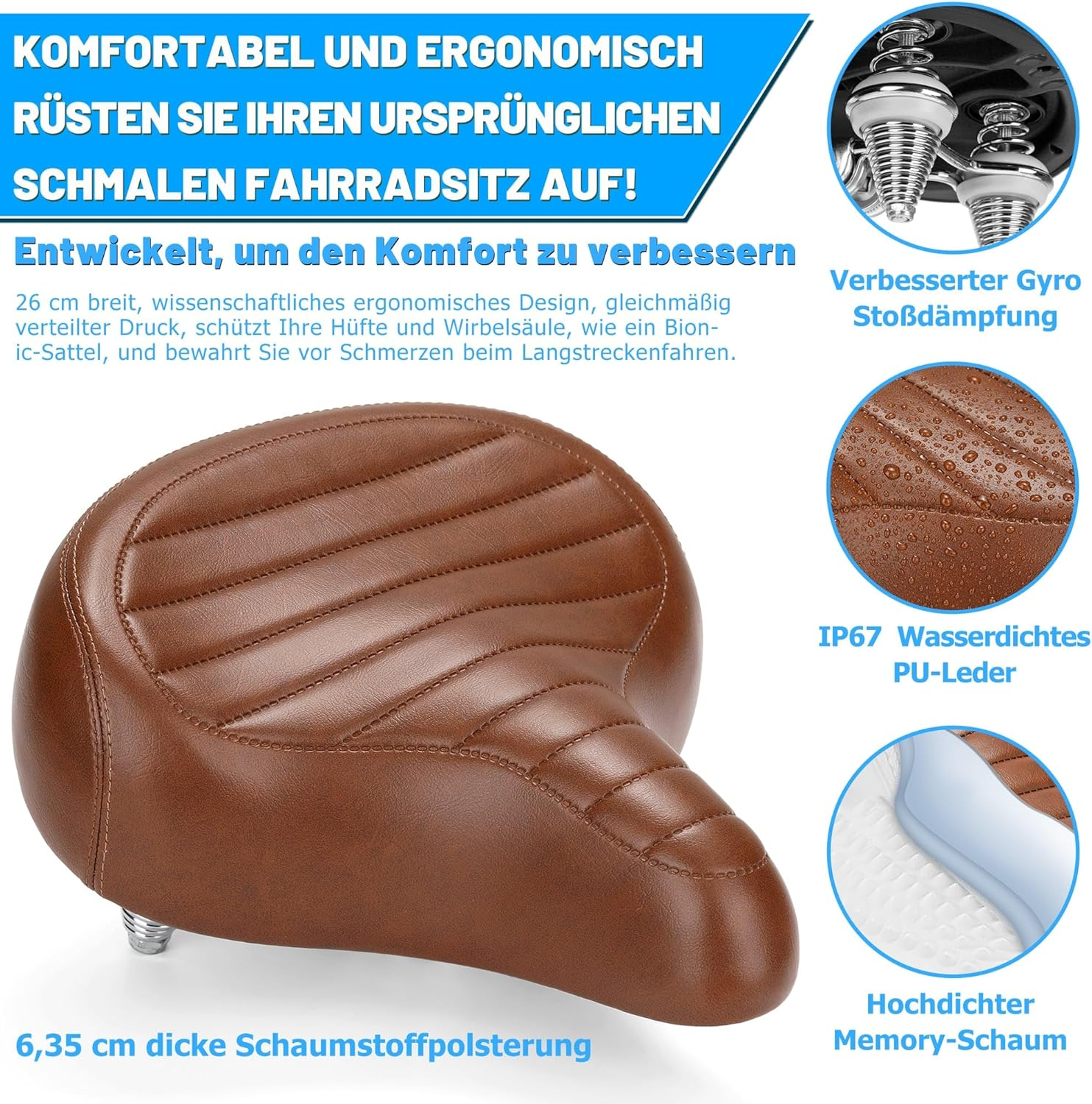 Brauner, ergonomischer Fahrradsitz mit Federung und Polsterung.