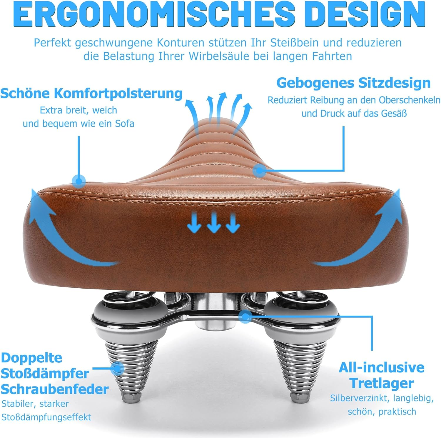 Ergonomisches Fahrradsatteldesign mit Komfortpolsterung und Stoßdämpfern.