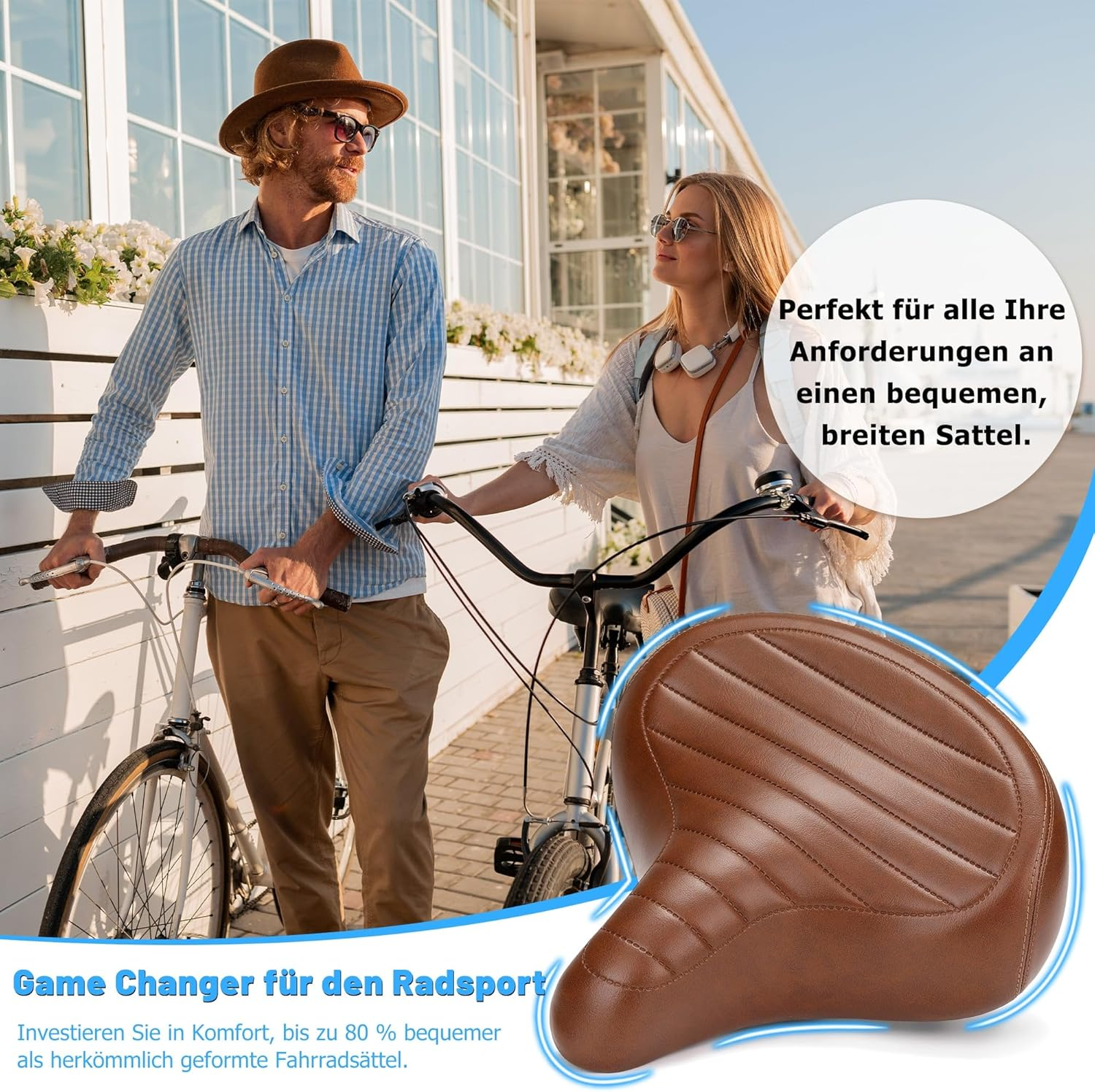 Mann und Frau mit Fahrrädern, brauner Fahrradsattel im Vordergrund.