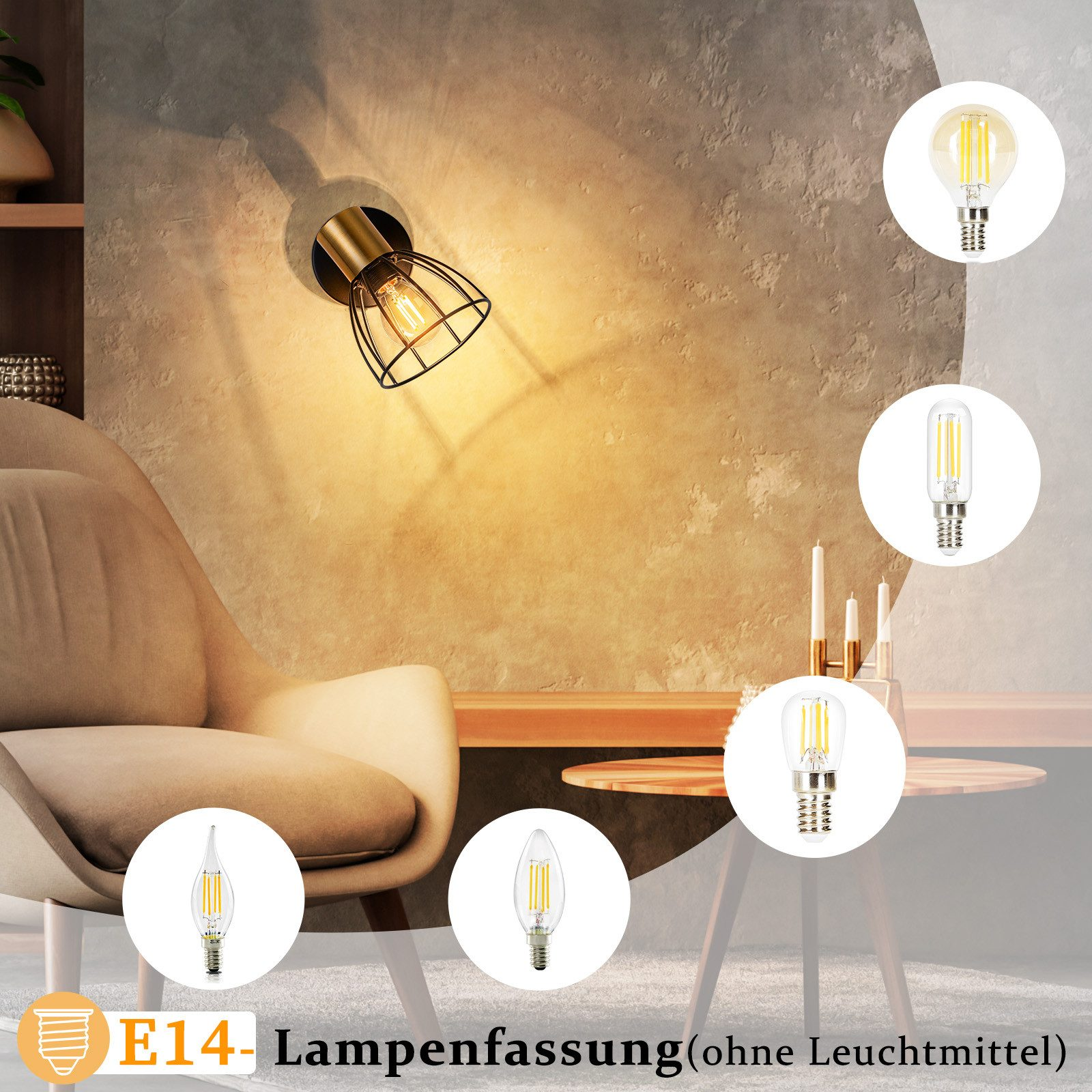 Lampada con gabbia in filo nero su poltrona; lampadine visualizzate.