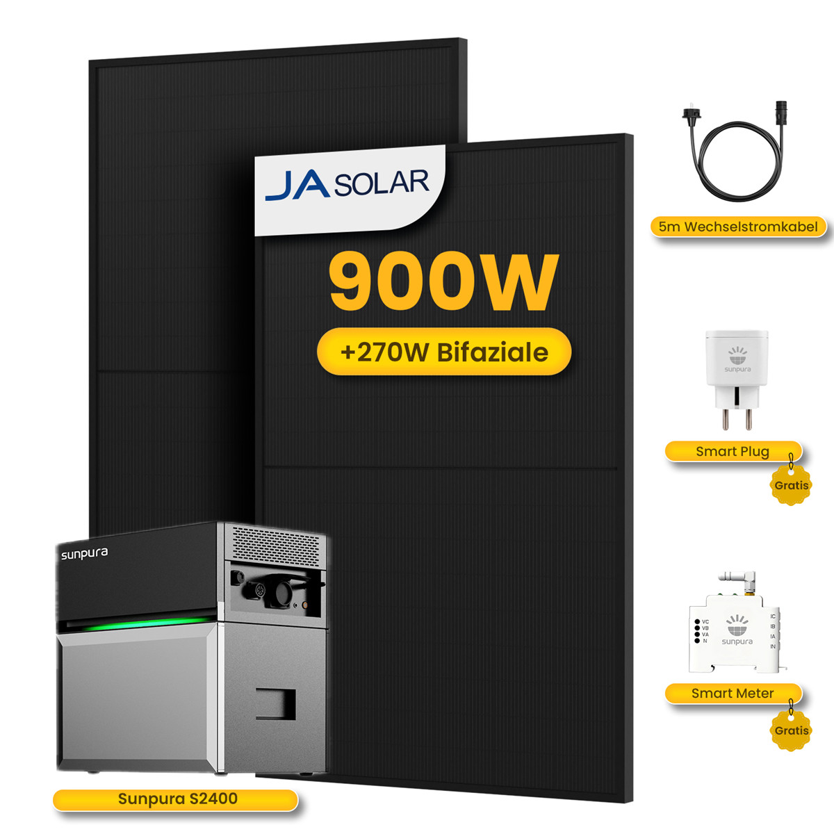 JA Solar Solarmodule, Sunpura S2400, Kabel, Smart Plug und Smart Meter.