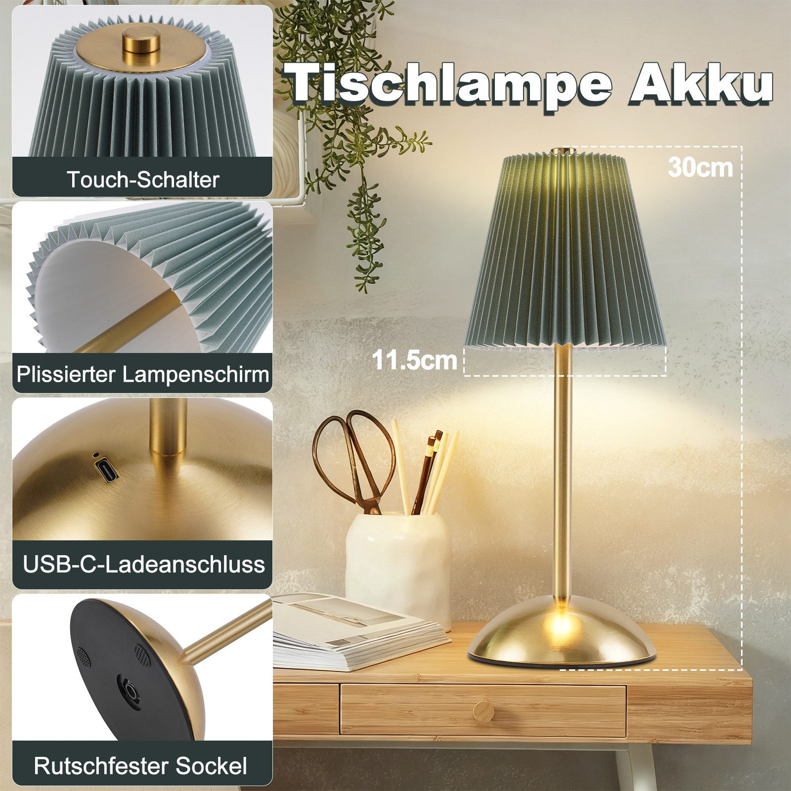 Lampada da tavolo con paralume plissettato grigio e base in ottone su tavolo.