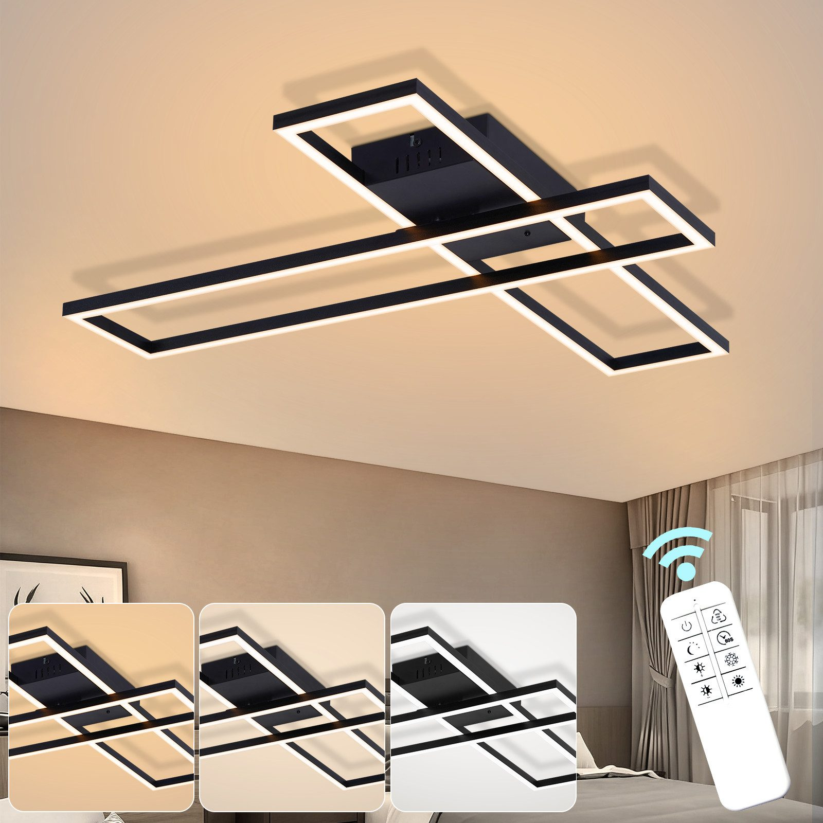 Lampadario moderno con cornice nera, LED bianchi e telecomando.