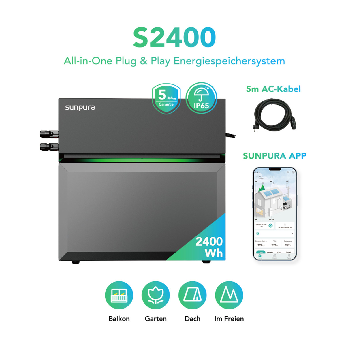 Sunpura S2400 Energiespeichersystem mit App, Kabel, Garantie und IP65-Siegel.
