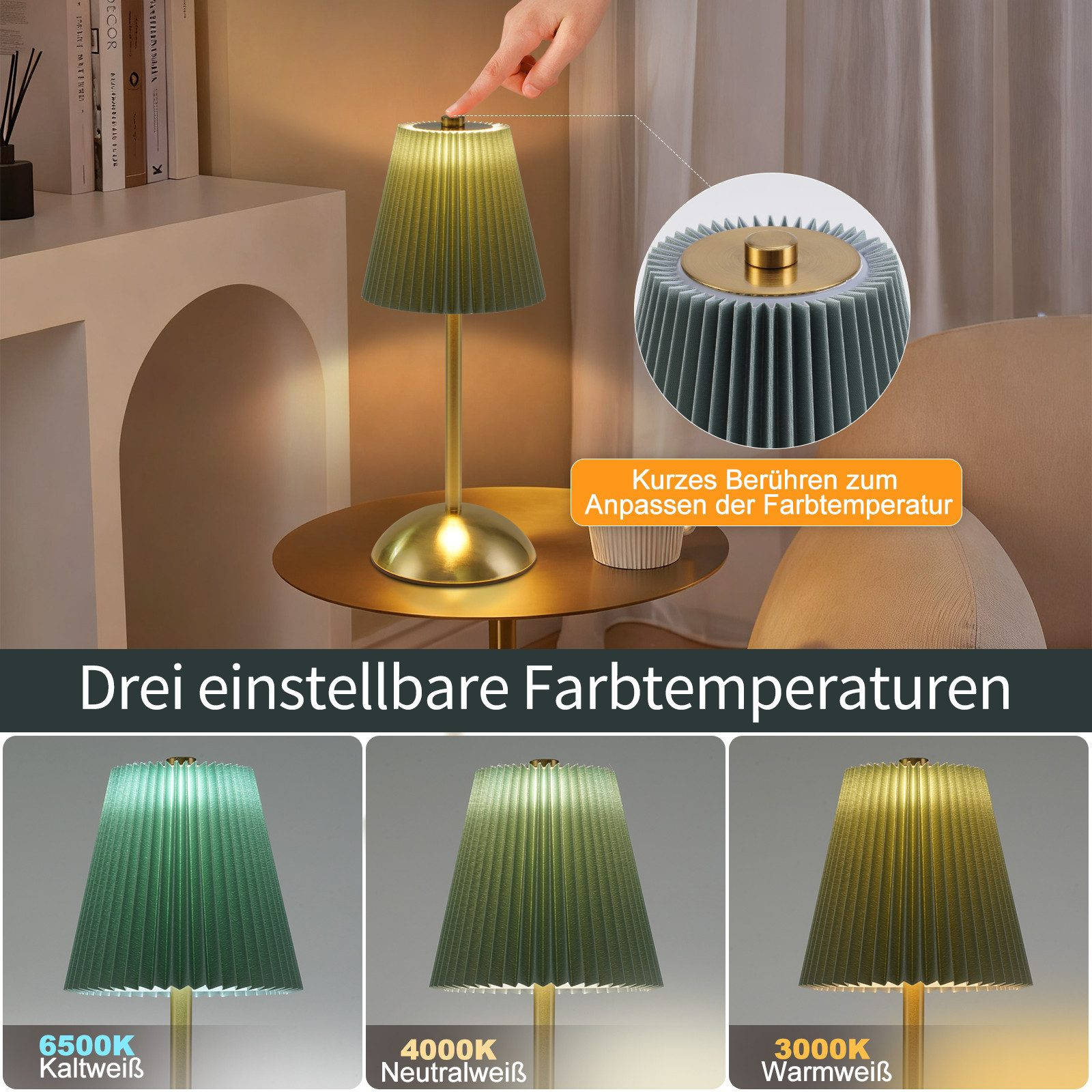 Lampada da tavolo con temperatura colore regolabile: 6500K, 4000K, 3000K.