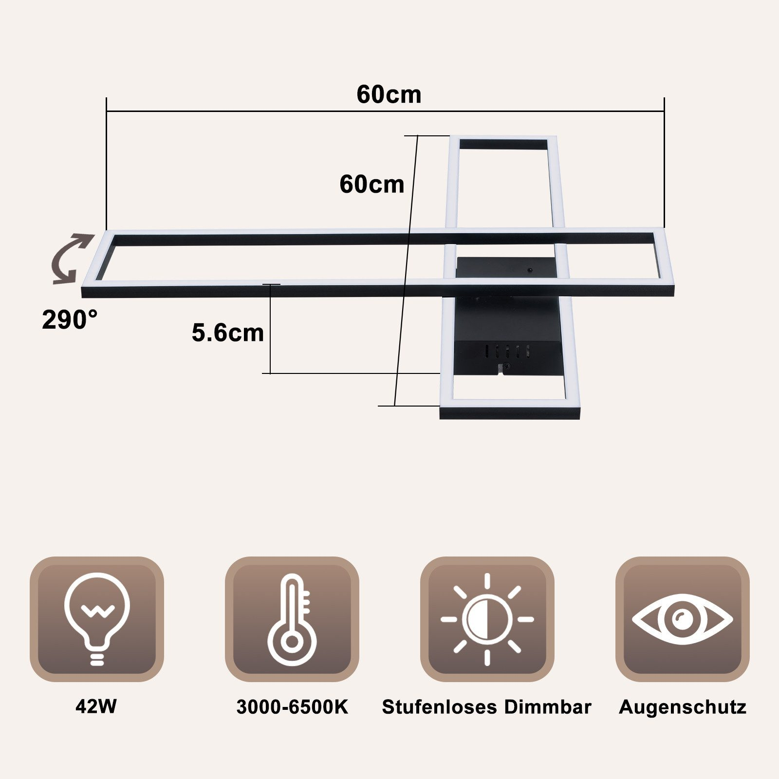 Lampada moderna con cornice rettangolare, 60cm, girevole 290°, 42W, 3000-6500K.