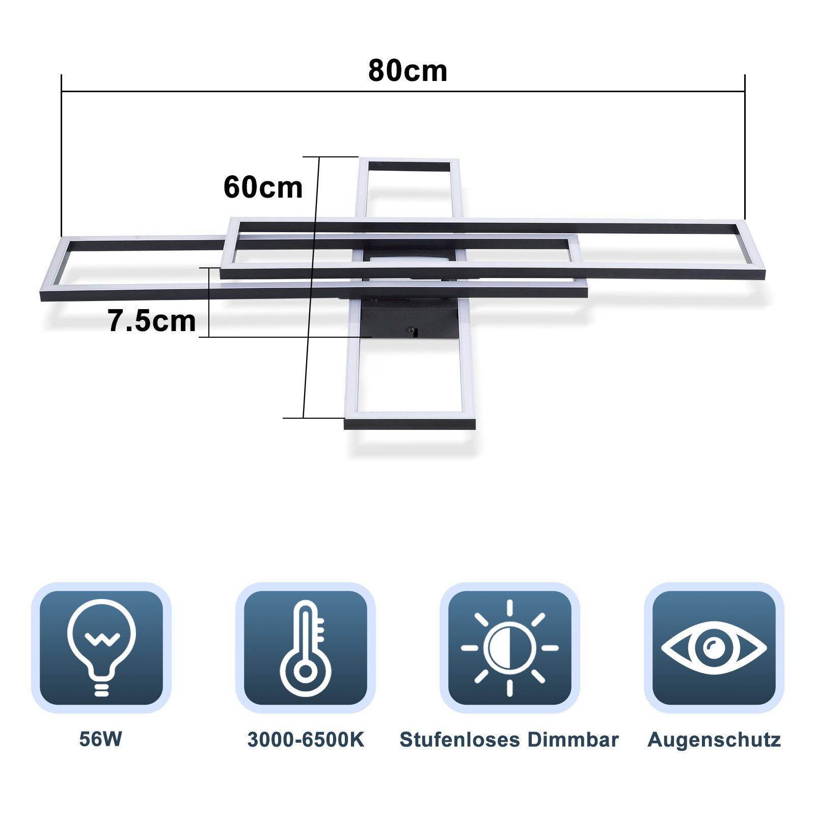 Lampada da soffitto moderna con elementi rettangolari, dimensioni 80x60x7.5cm.