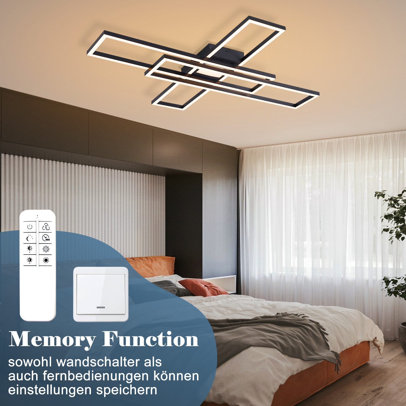 Camera da letto moderna con lampadario geometrico, letto e telecomando.