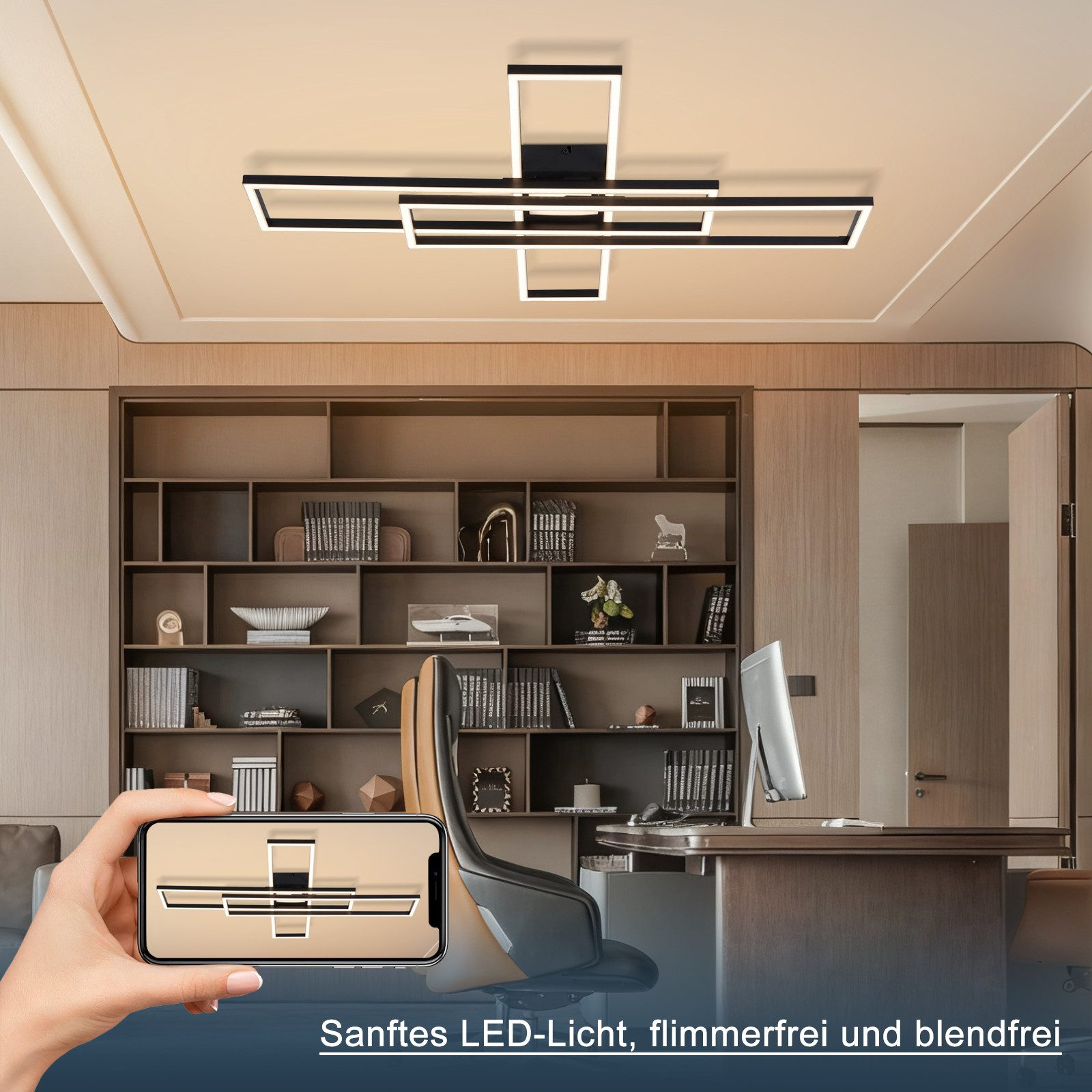 Lampadario moderno con elementi rettangolari in un ufficio.