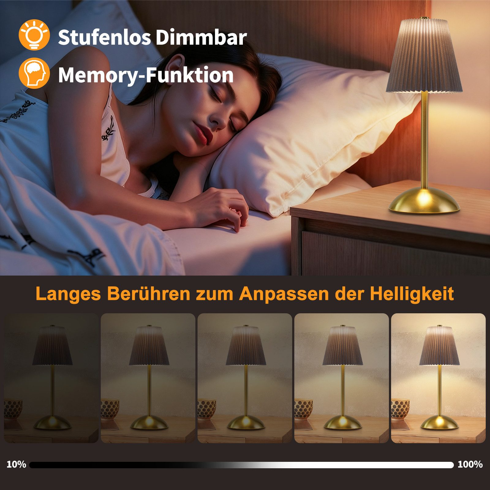 Una donna dorme vicino a una lampada mostrata a diversi livelli di luminosità.