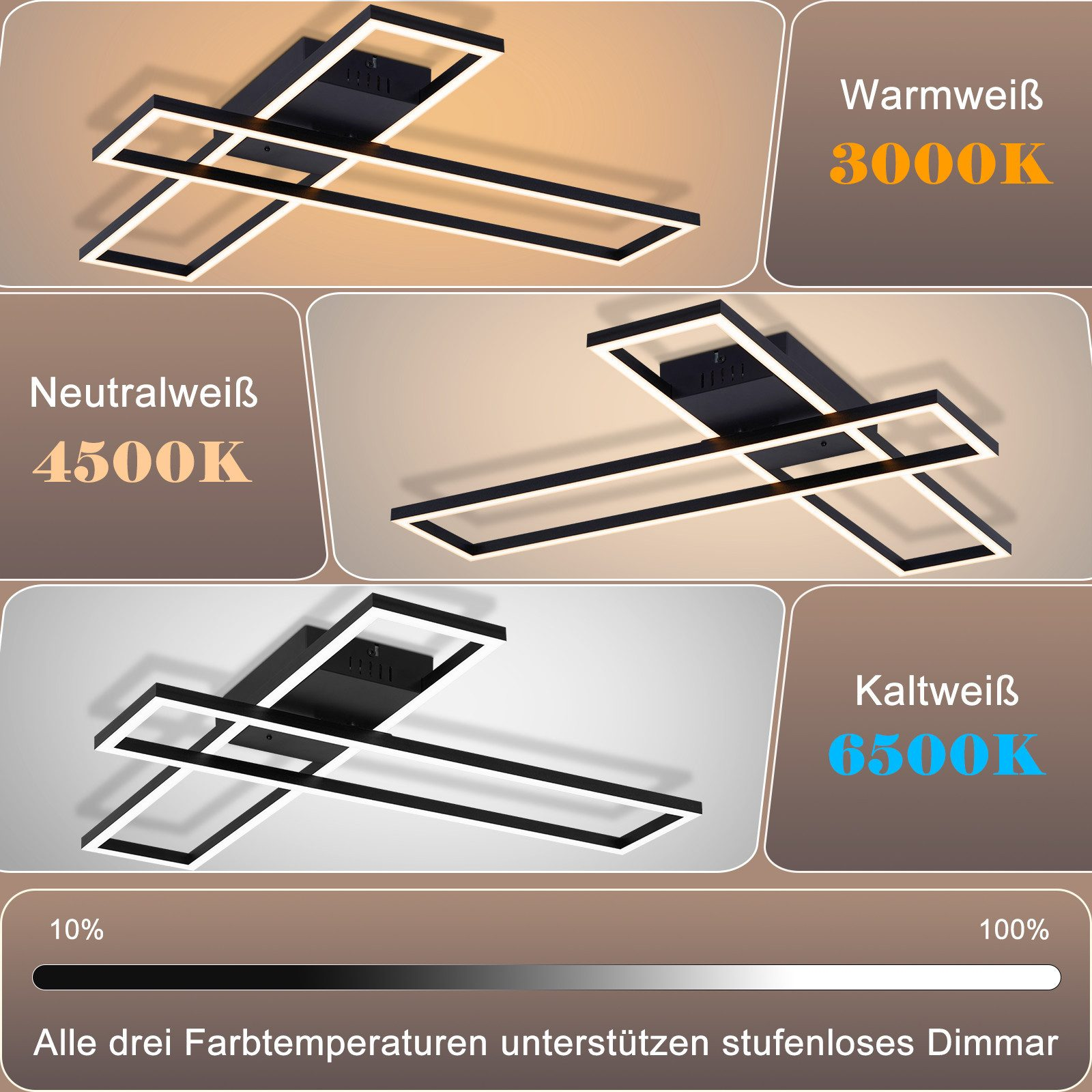 Plafoniera moderna nera con cornici rettangolari, mostra 3000K, 4500K, 6500K.