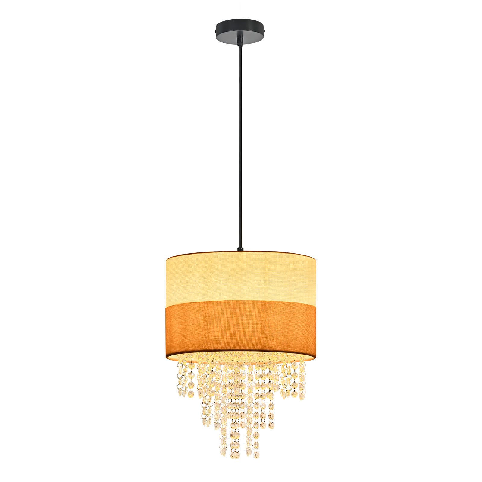 Ein Hängeleuchter mit beigem und orangefarbenem Lampenschirm und Kristallanhängern.