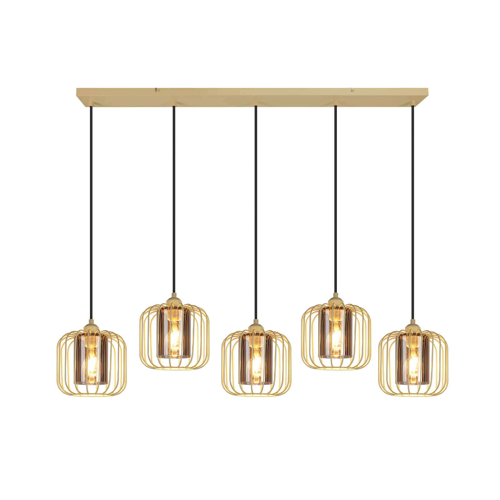 Cinque lampade a sospensione dorate con baldacchino rettangolare e lampadine in vetro.