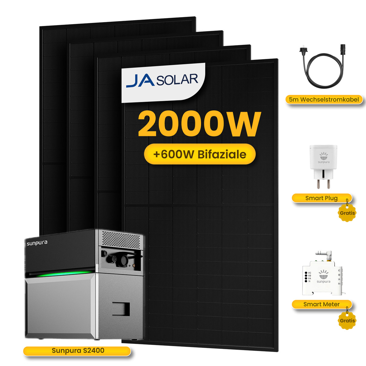 JA Solar Solarmodule mit Sunpura S2400 und Zubehör.