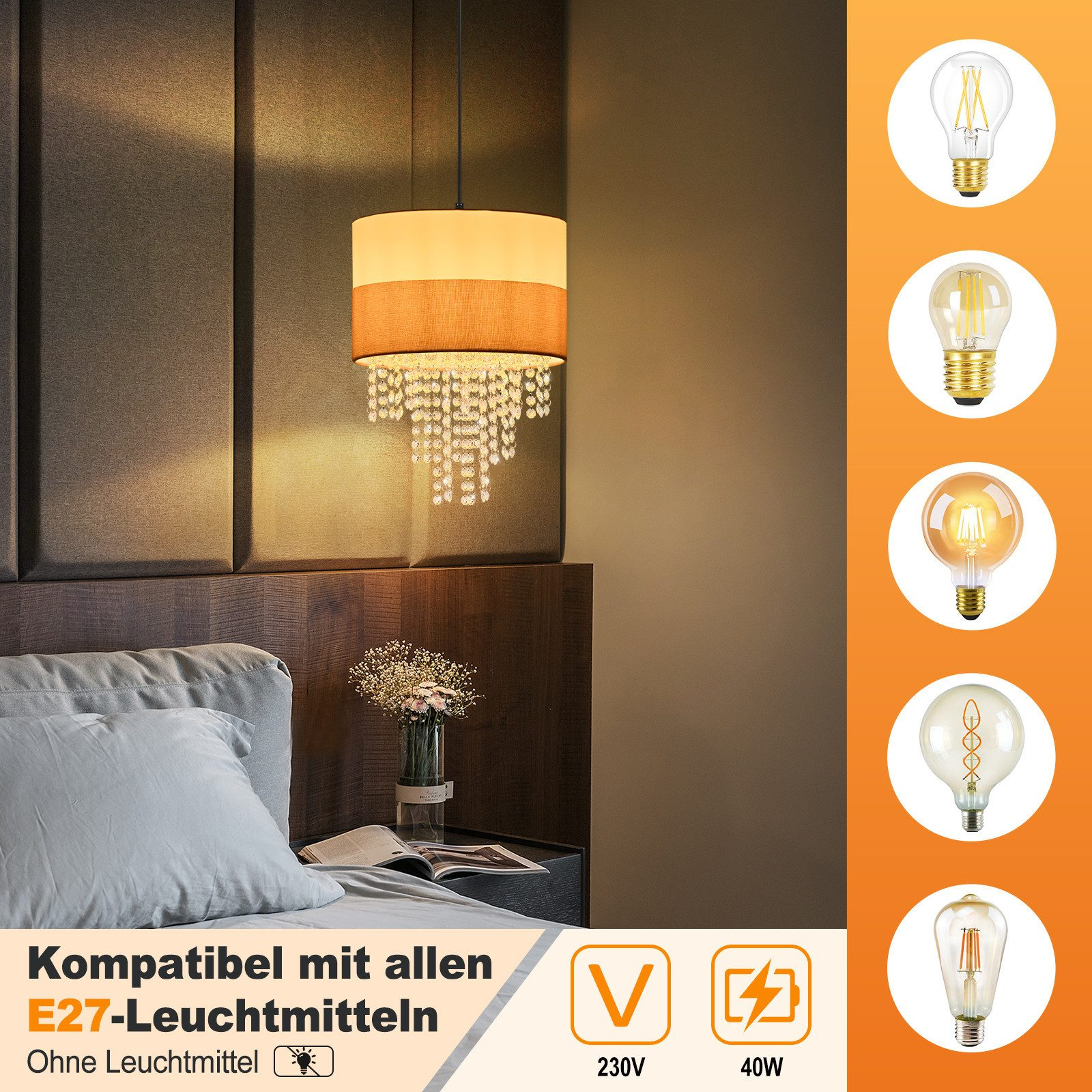 Hängeleuchte mit Kristallen über einem Bett, daneben Glühbirnen.