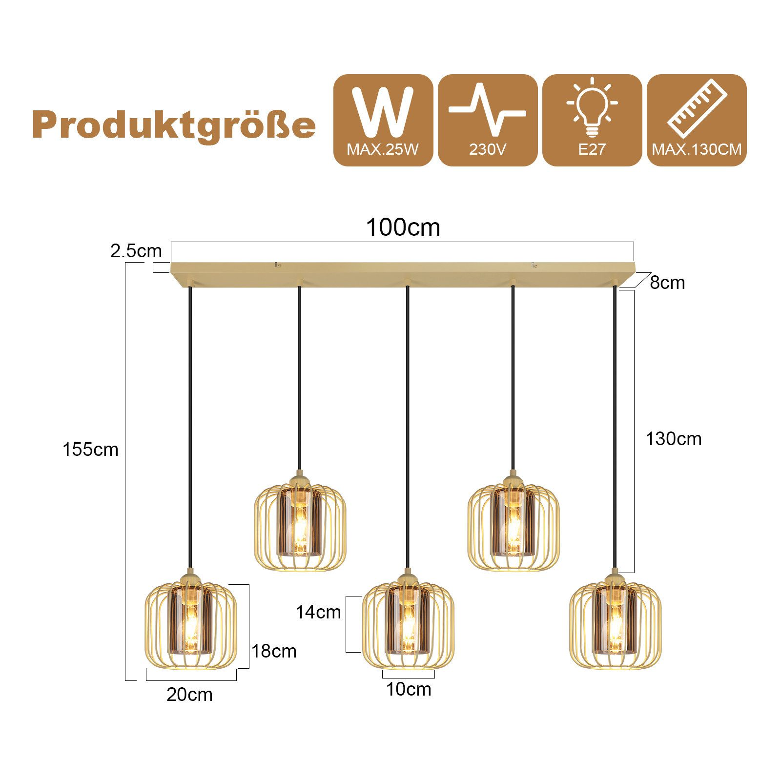 Lampadario a 5 luci, paralumi a gabbia dorata, dimensioni: 100x20x18cm.