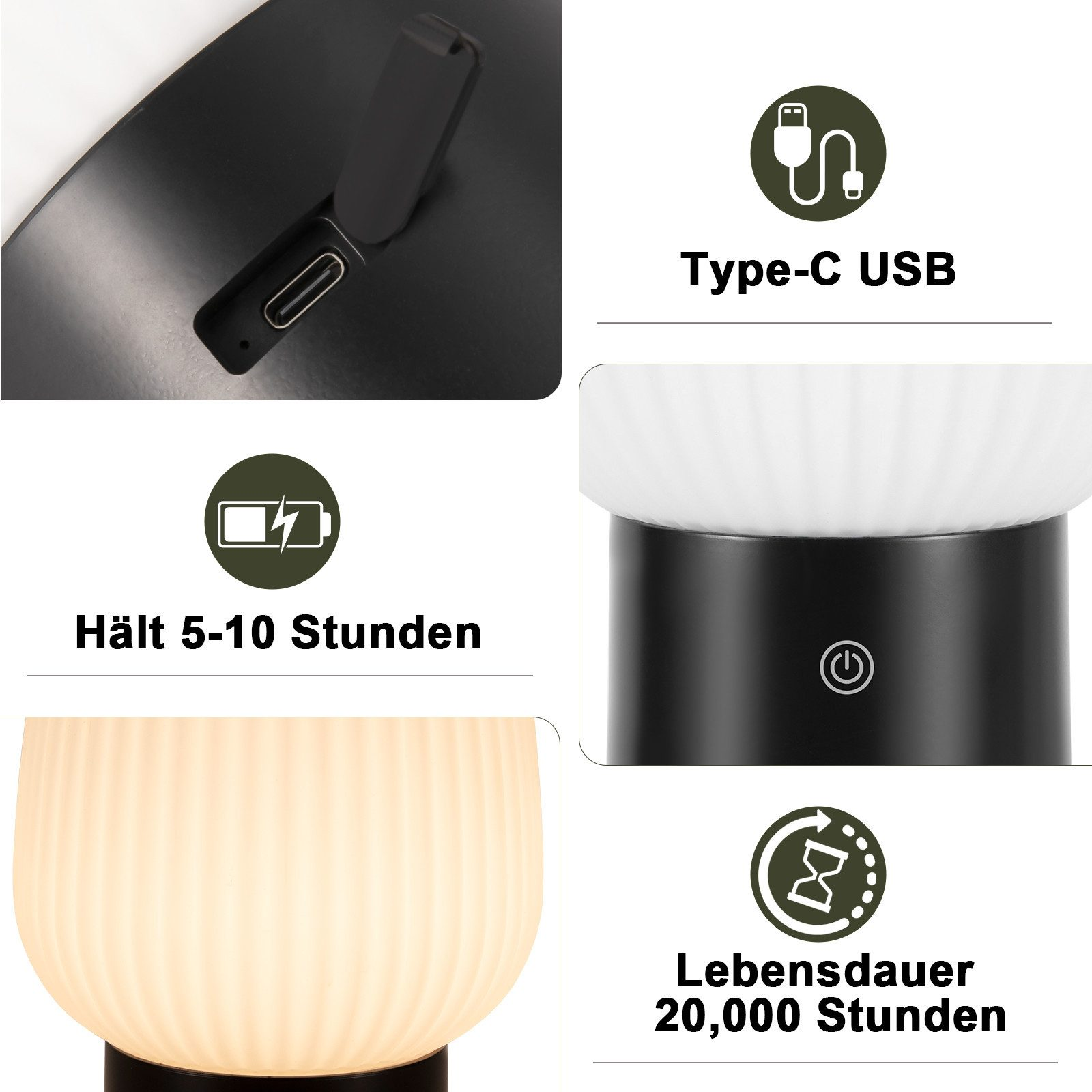 Il collage mostra una porta USB Type-C, durata della batteria, pulsante di accensione e durata di 20.000 ore.