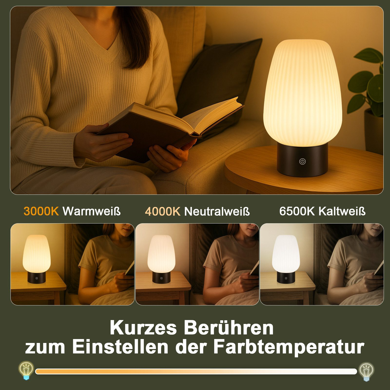 Una donna legge un libro alla luce di una lampada, con un comodino accanto.