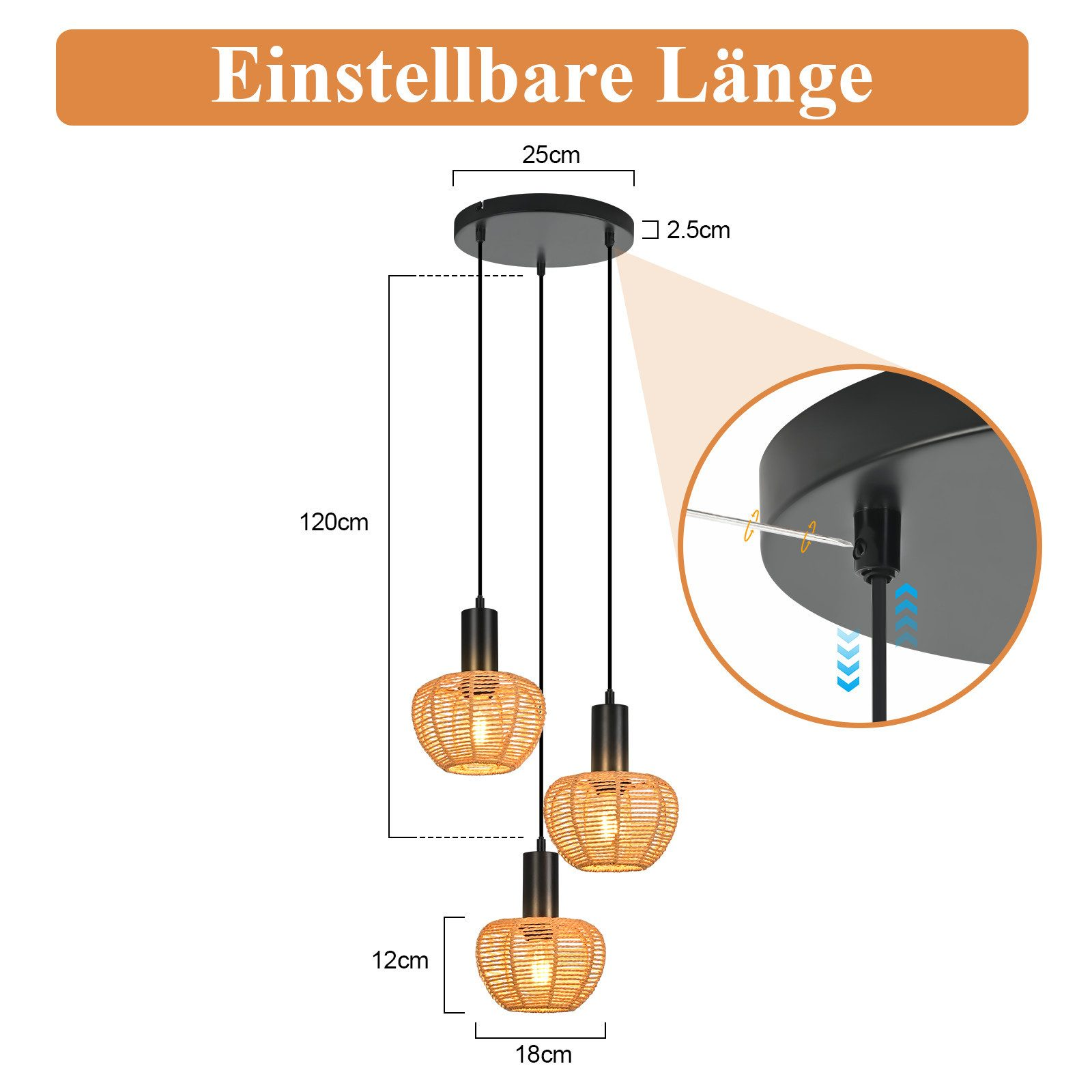 Lampada a sospensione con tre cesti intrecciati, altezza regolabile, dimensioni indicate.
