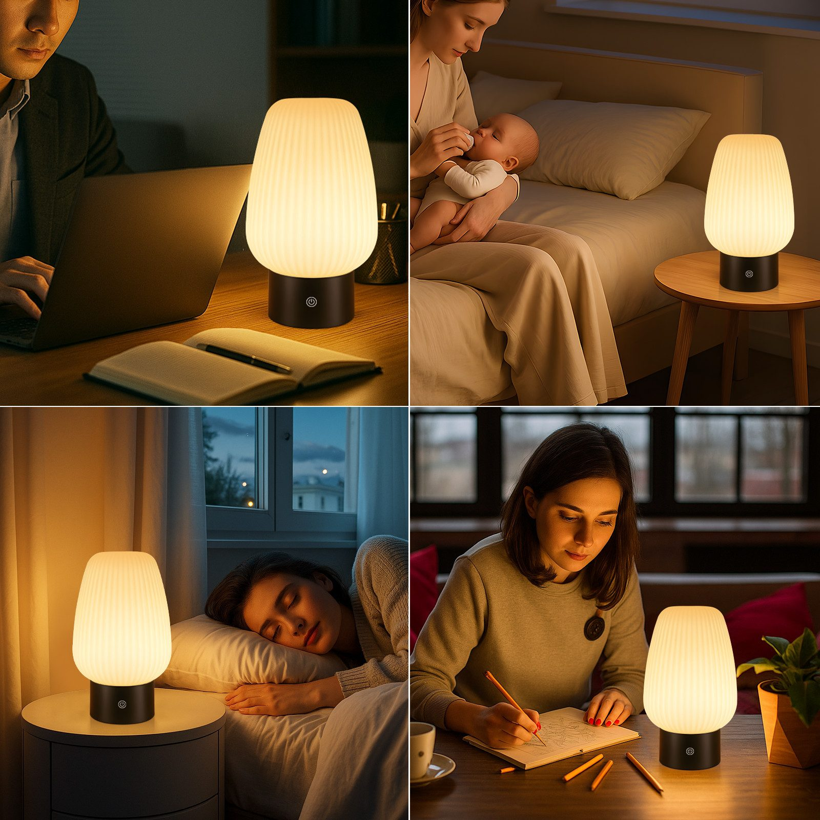 Uomo lavora al laptop, donna con bimbo, donna dorme, donna disegna. Luce.