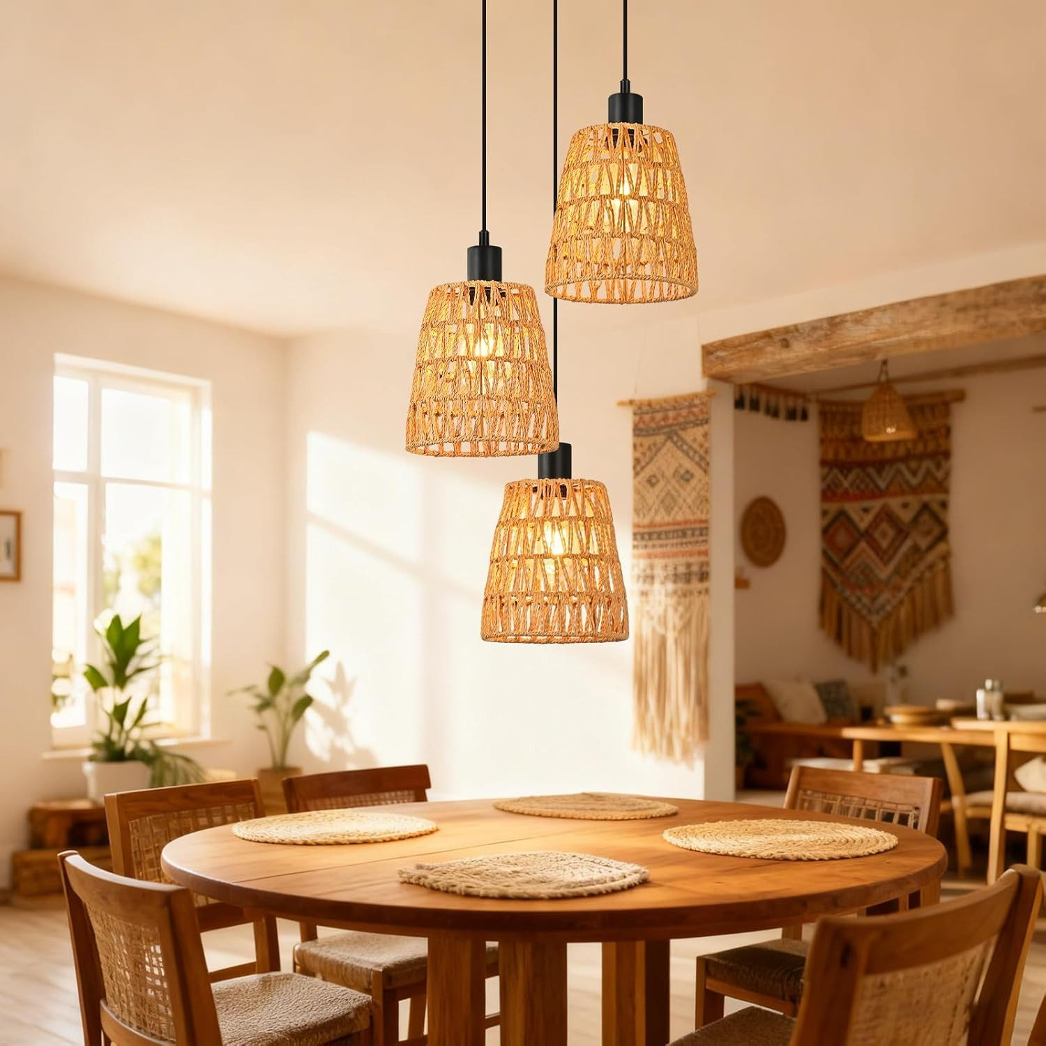 Sala da pranzo con tavolo in legno, sedie e tre lampade a sospensione intrecciate.