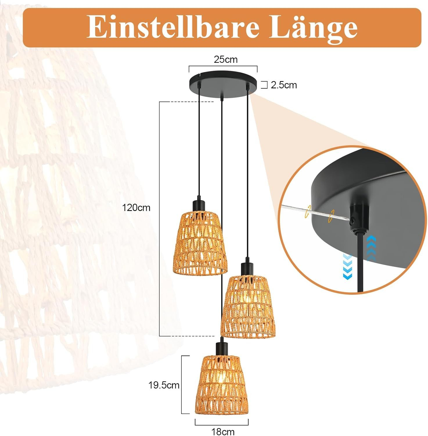 Lampada a sospensione con tre cesti intrecciati, lunghezza 120cm.