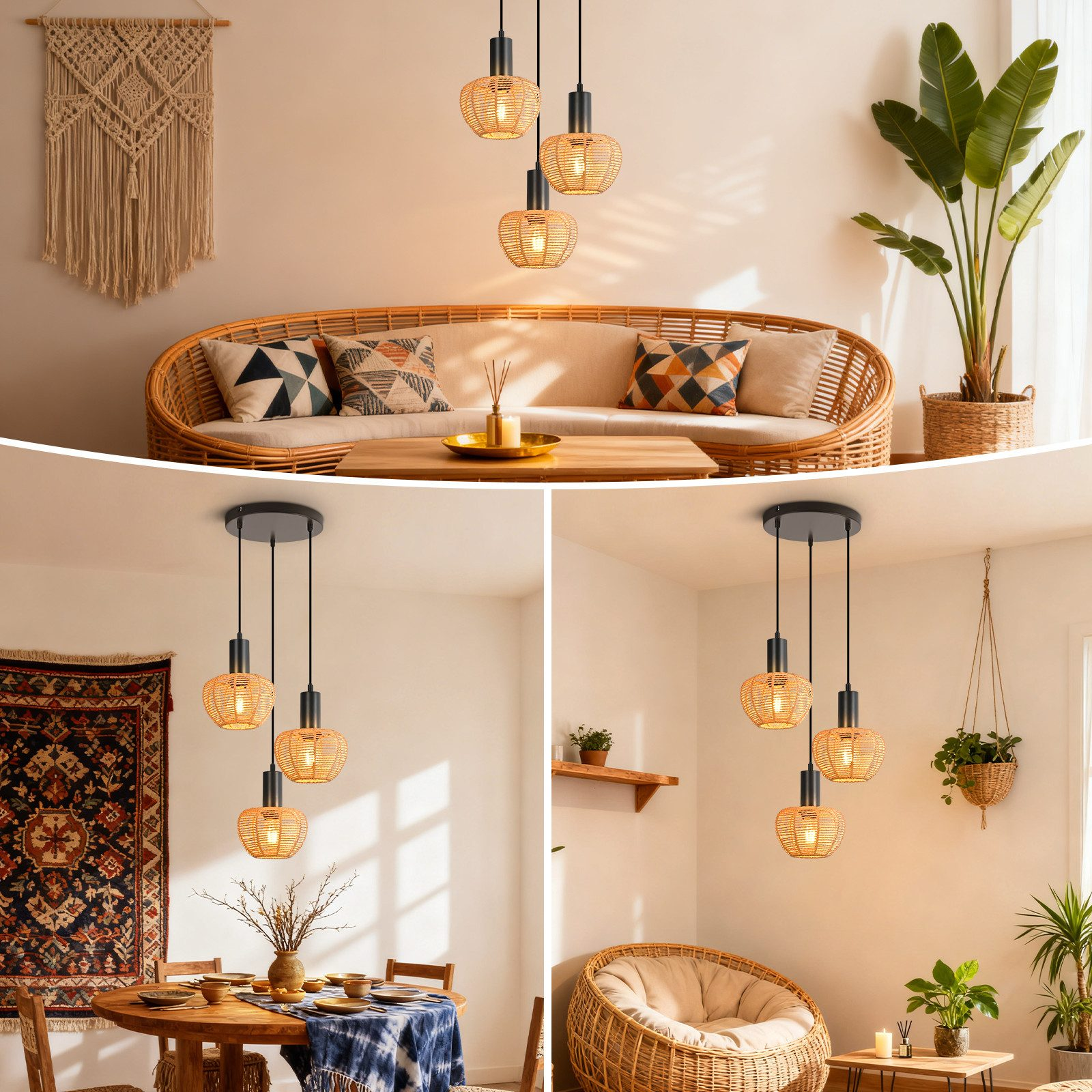 Soggiorno con divano in rattan, macramè da parete e lampade a sospensione.