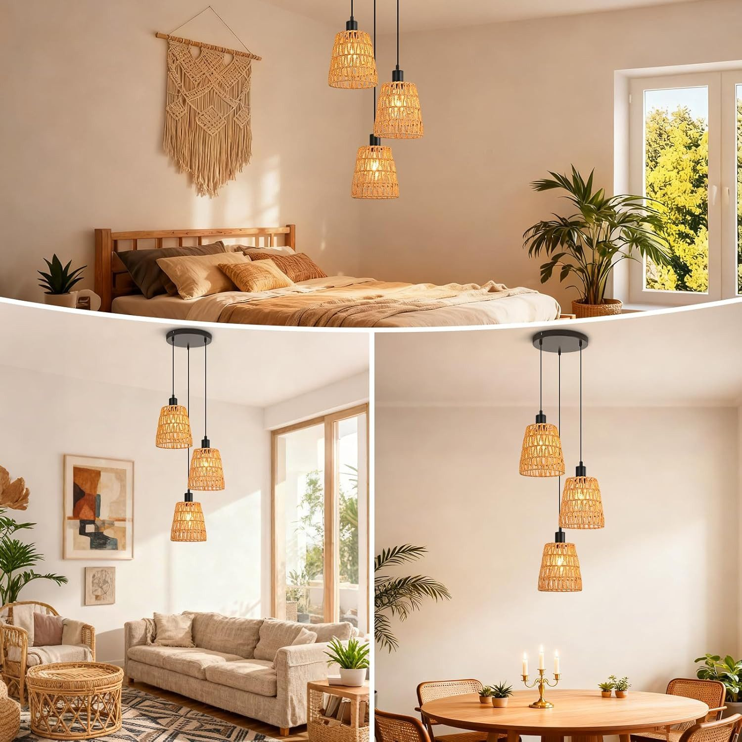 Una camera da letto, soggiorno e sala da pranzo con decorazioni e lampade in rattan.