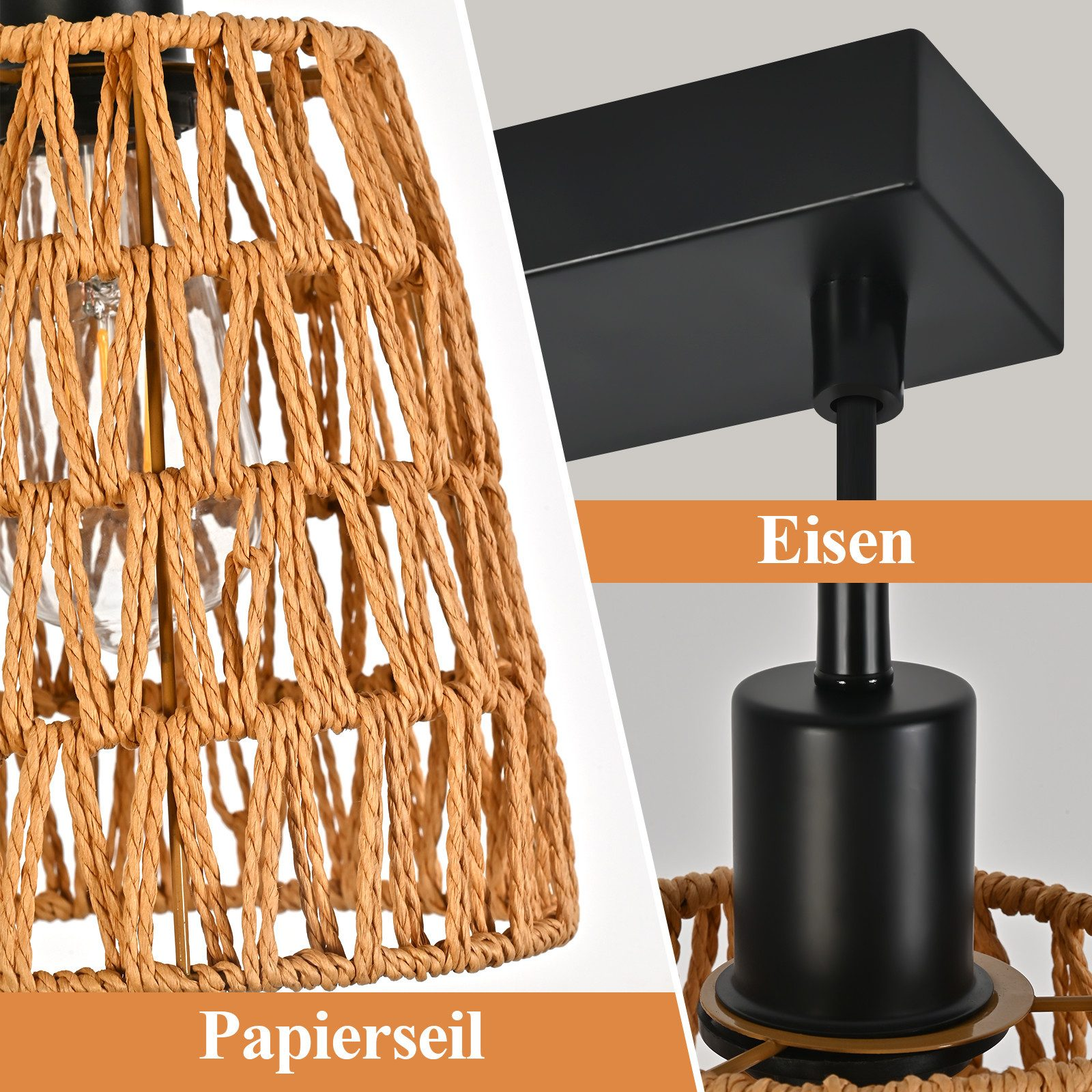 Primo piano di una lampada con paralume intrecciato e parti in metallo nero.