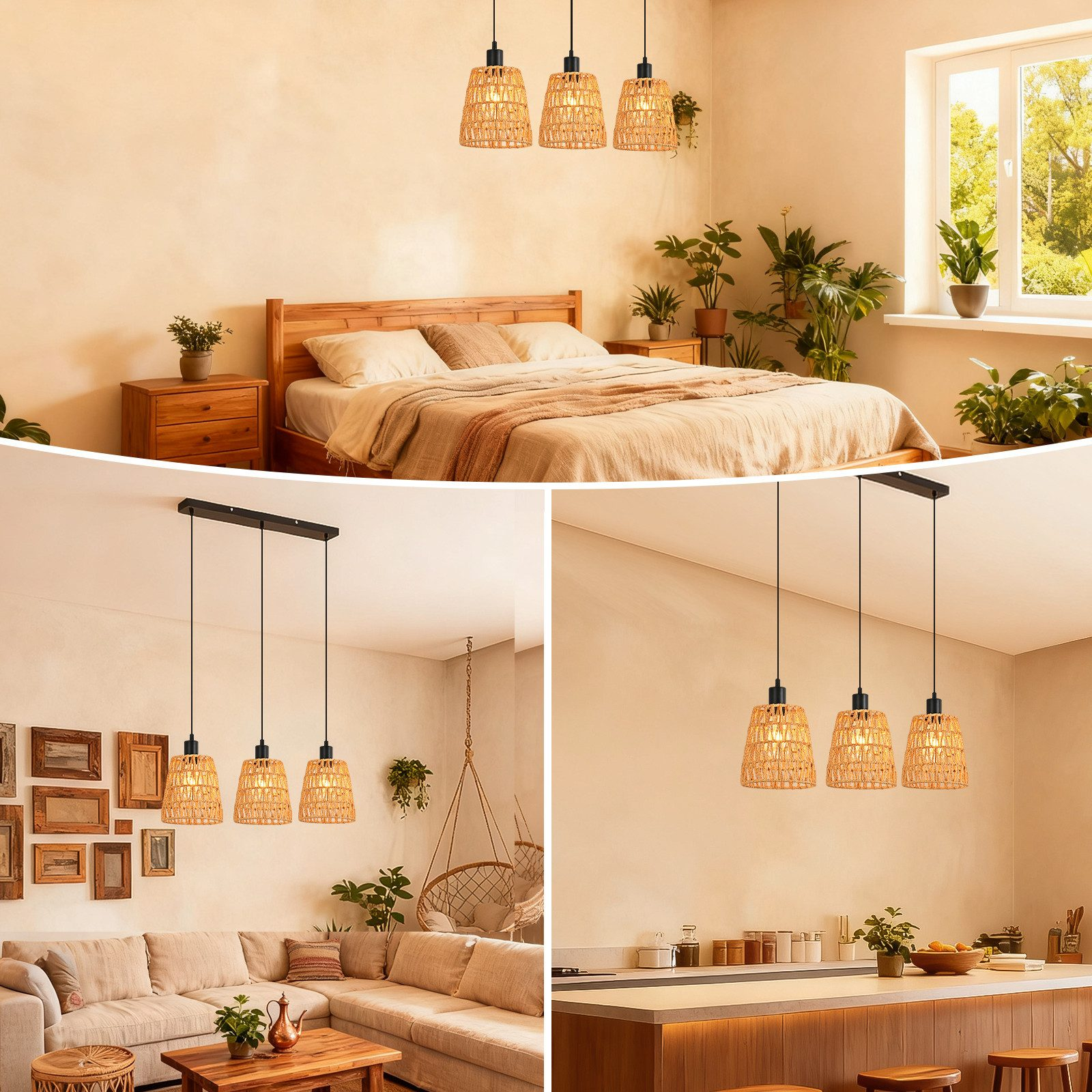Una camera da letto, soggiorno e cucina con lampade in rattan e luci sospese.