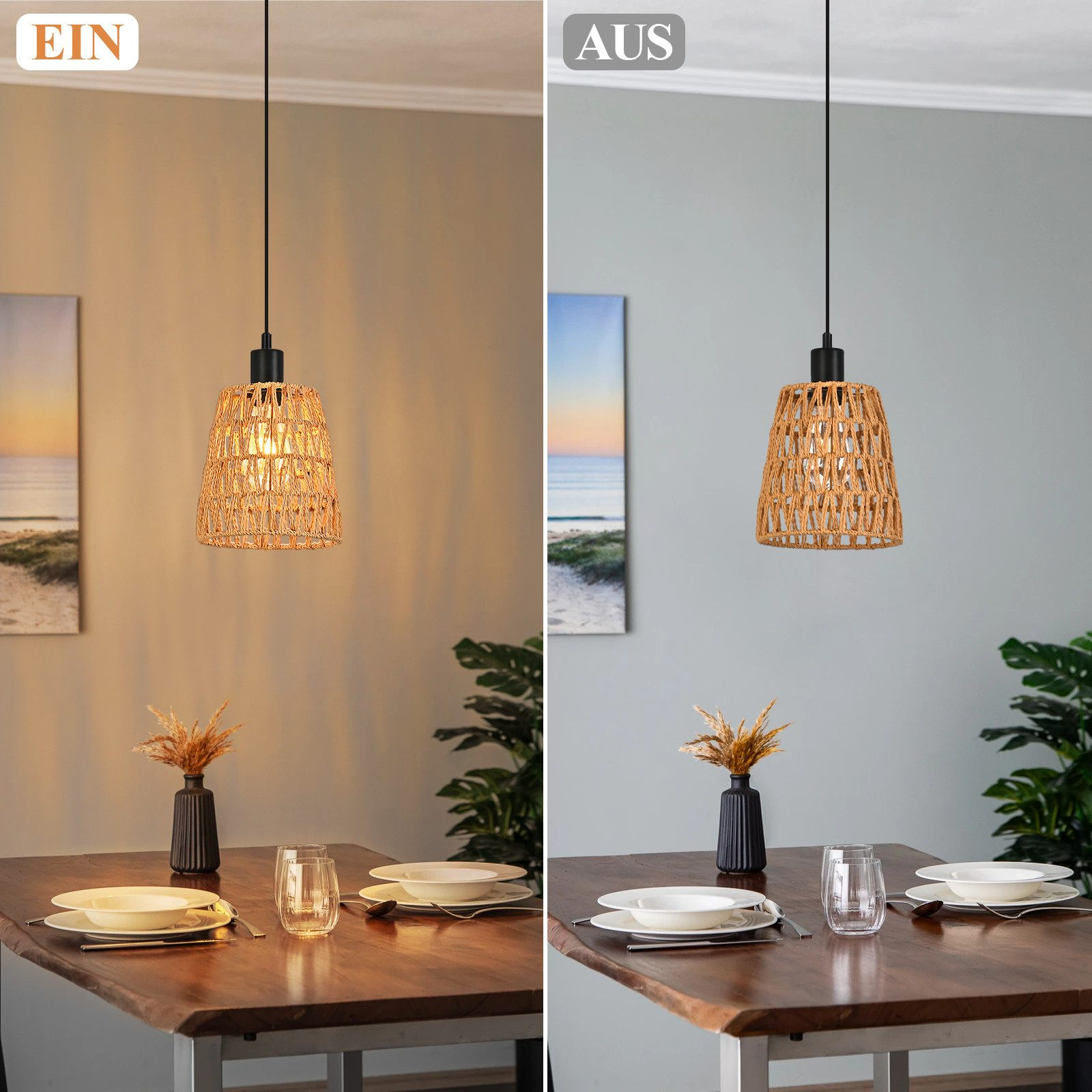 Esstisch mit zwei Lampen, eine an, eine aus. Dekoriert mit Geschirr.