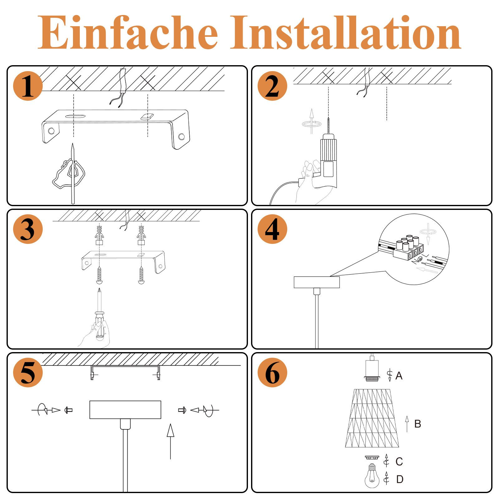 Schritt-für-Schritt-Anleitung zur einfachen Installation einer Lampe, beginnend mit der Deckenmontage.