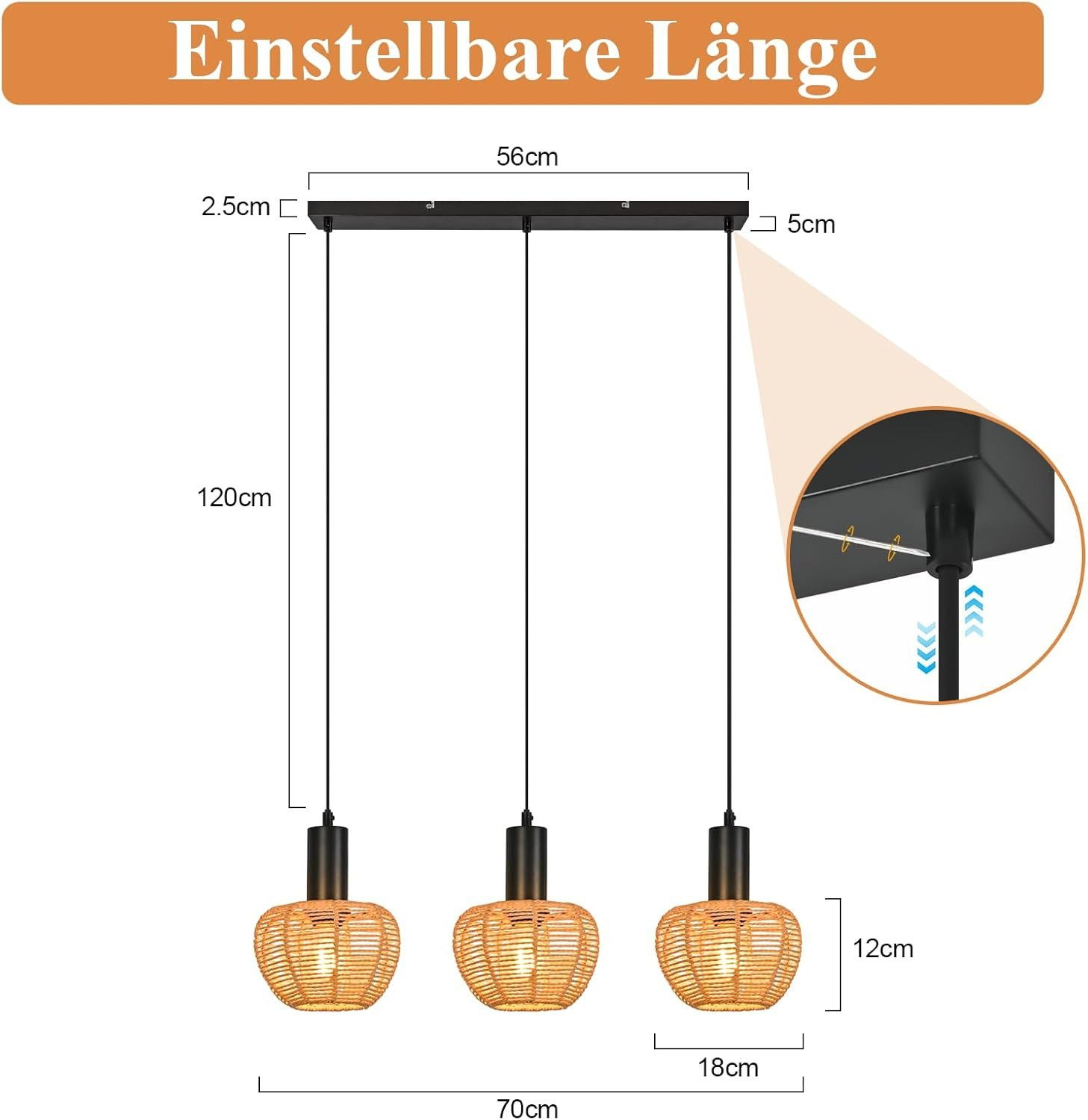 Lampada a sospensione con tre cesti in rattan e dettagli neri.