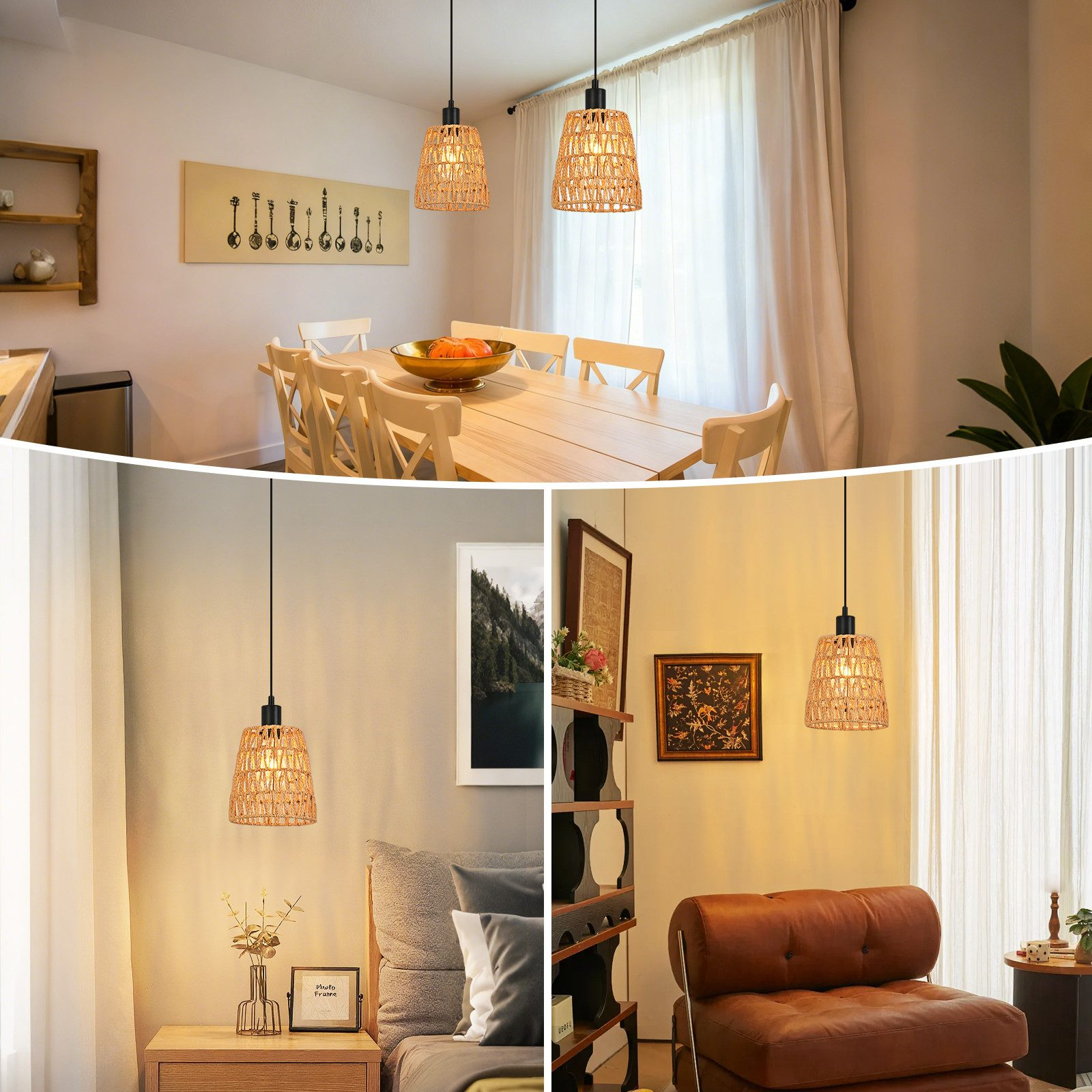 Ein Esszimmer mit einem Holztisch, Stühlen und einem Rattan-Pendel. Unten ein Schlafzimmer und ein Wohnzimmer.