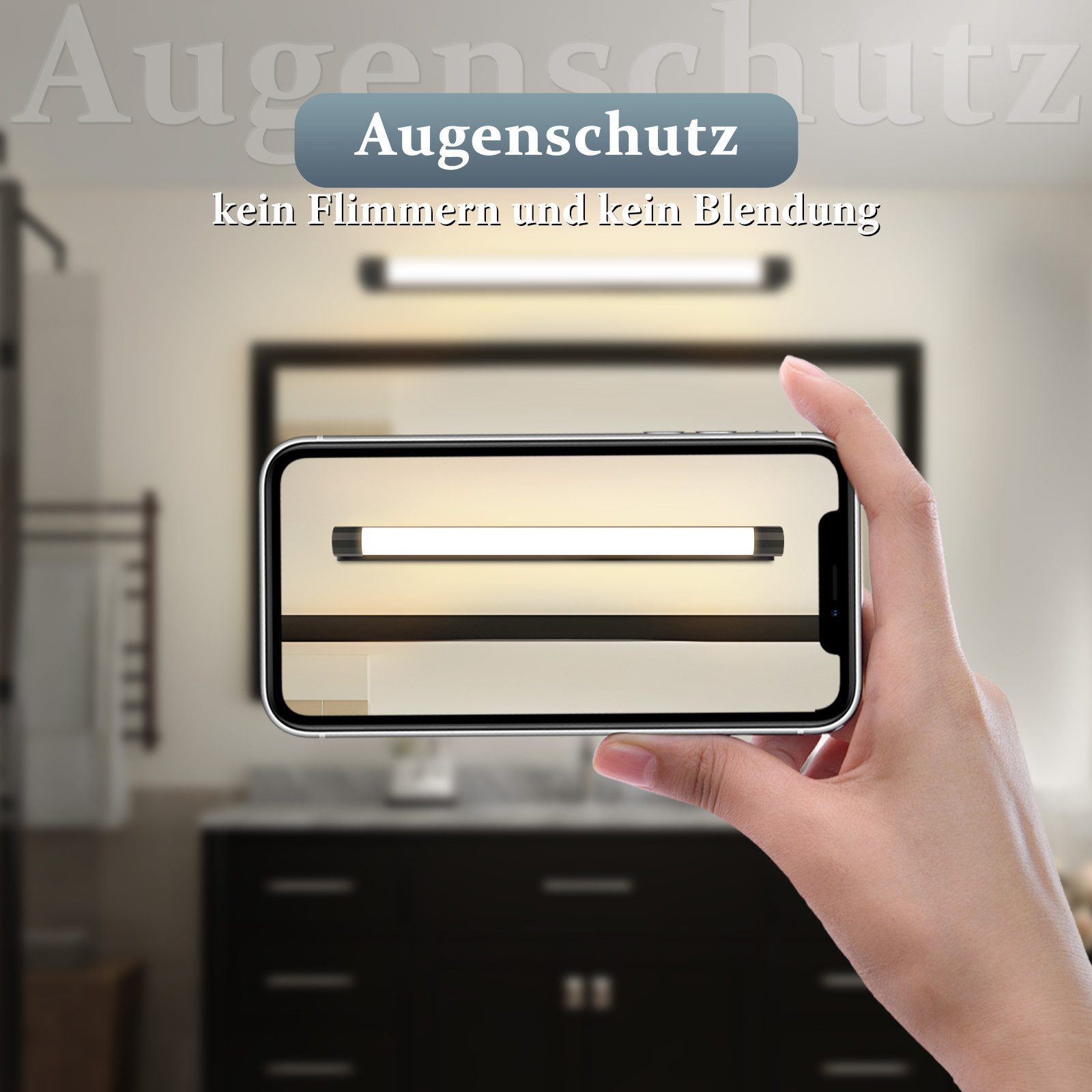 Una mano tiene uno smartphone che mostra una lampada lineare.