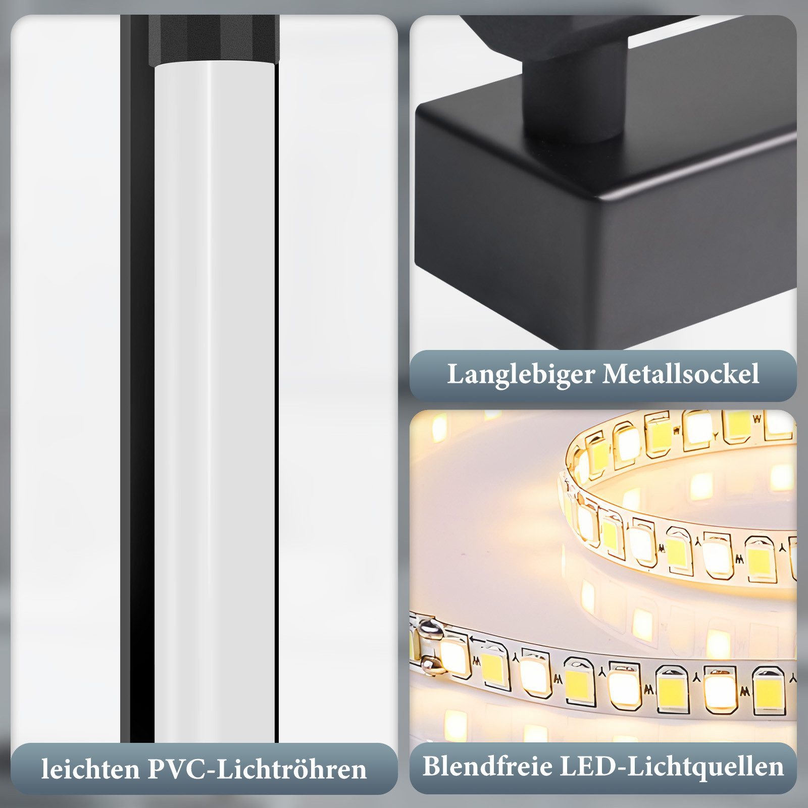 Primo piano di una lampada con tubi in PVC e striscia LED.