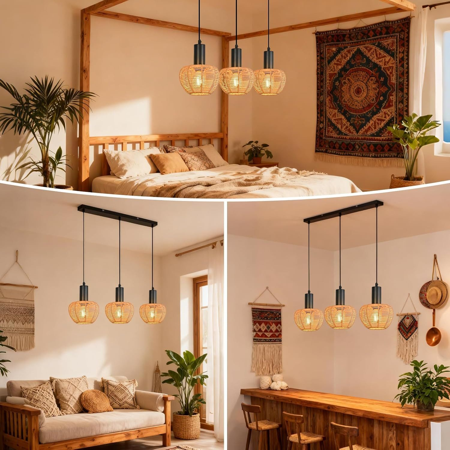 Camera da letto, soggiorno e bar con lampade a sospensione in rattan, piante e decorazioni.