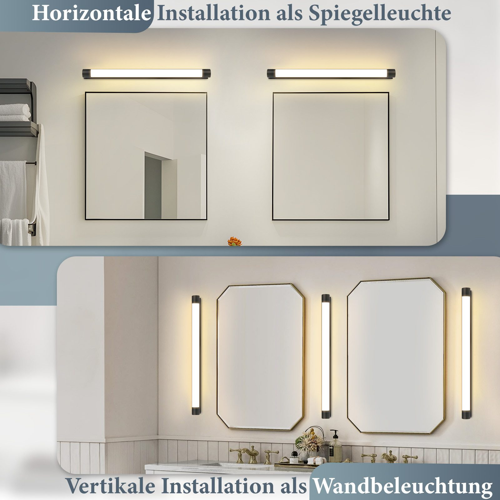 Due configurazioni di illuminazione del bagno: in alto specchi con luci orizzontali, in basso con luci verticali.