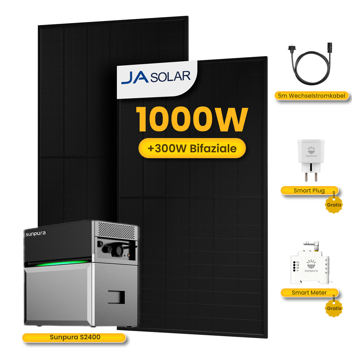 JA SOLAR 1000W Bifaziale Solarmodule mit Sunpura S2400, Smart Plug und Smart Meter.