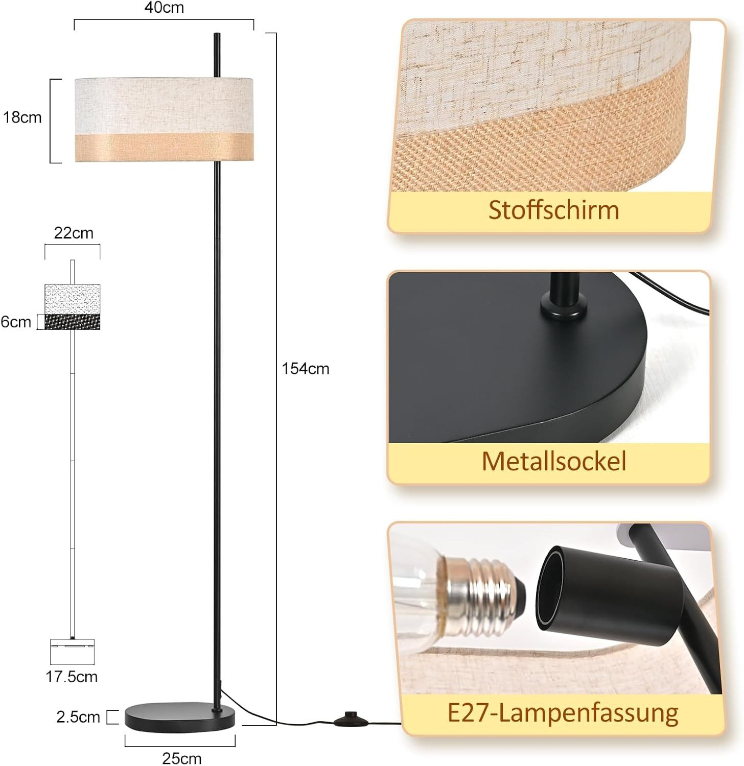 Schwarzer Stehlampe mit zweifarbigem Stoffschirm, Metallfuß und E27-Fassung.