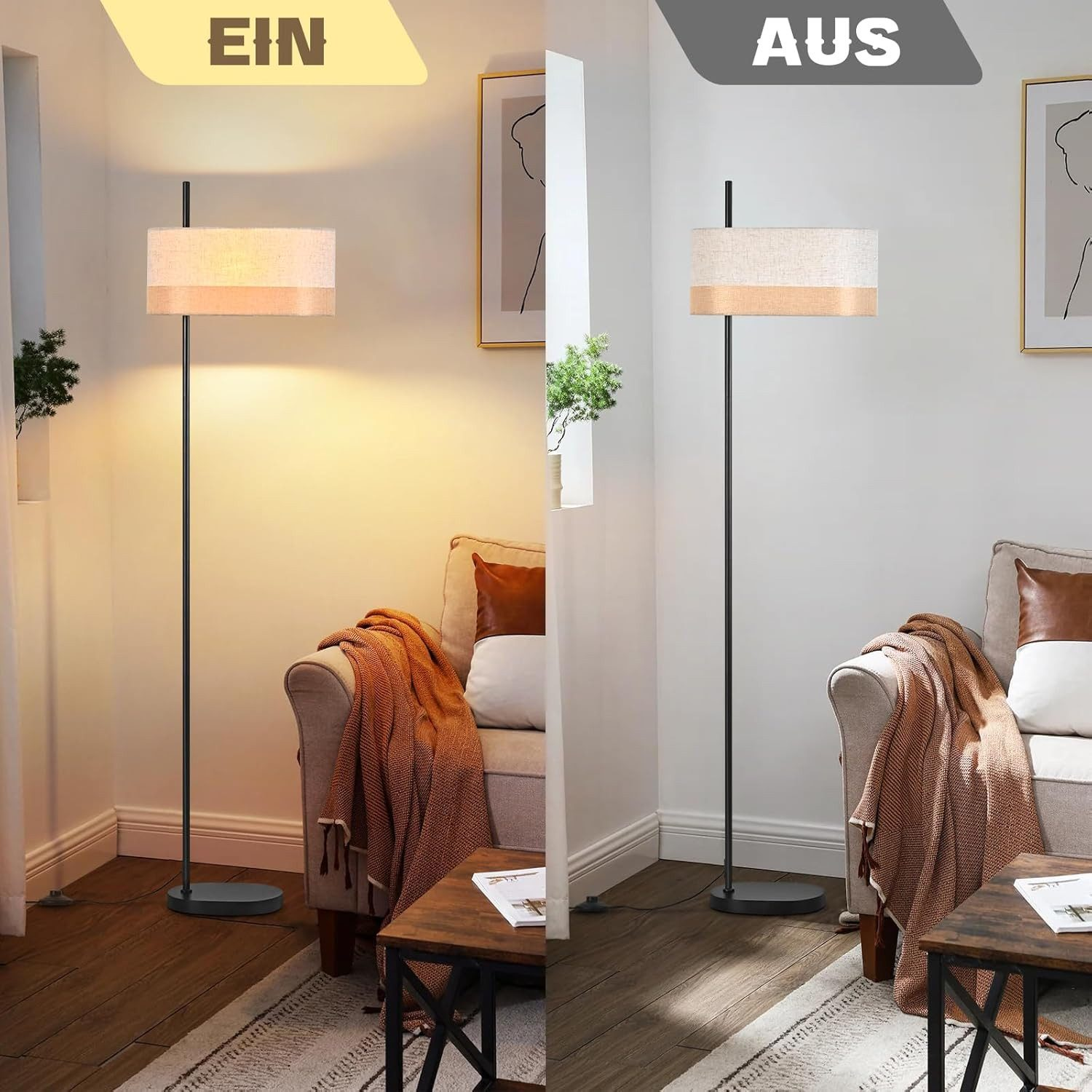 Eine Stehlampe mit zwei Zuständen: EIN (links) und AUS (rechts).