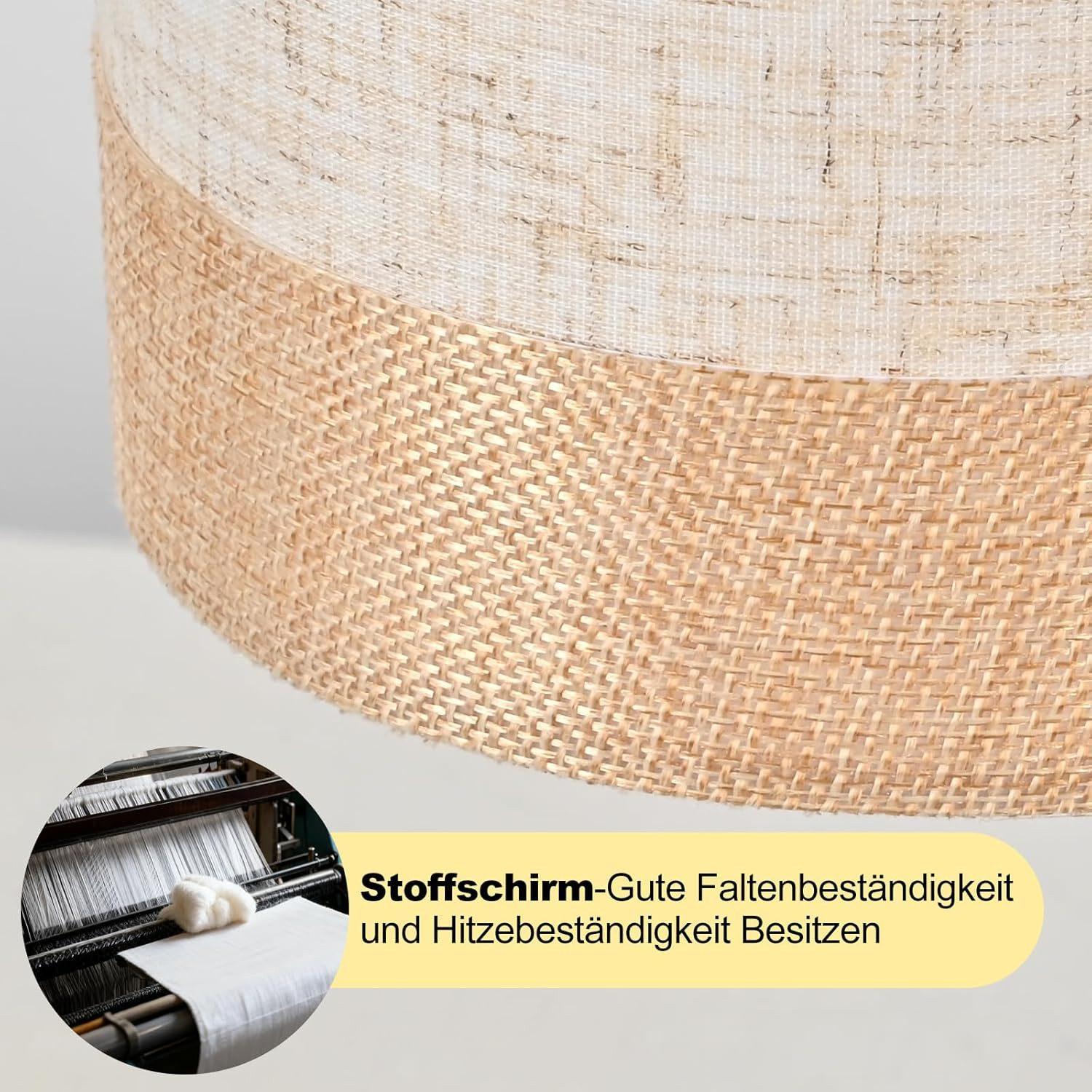 Ein Lampenschirm aus Stoff mit Jute-Borte und ein Webstuhl.