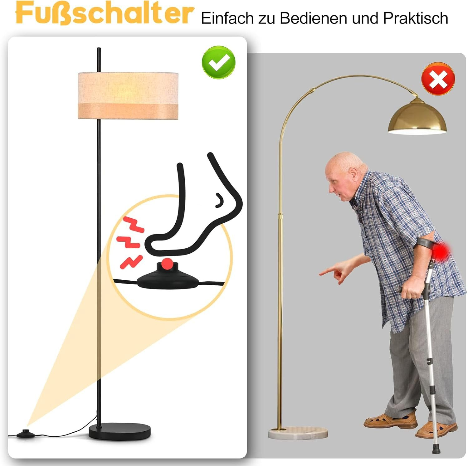 Lampe mit Fußschalter ist einfach zu bedienen. Älterer Mann mit Krücke zeigt auf Lampe.