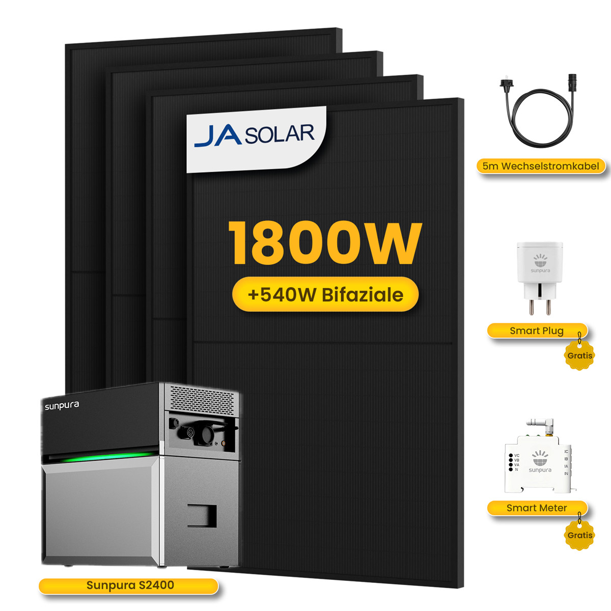 Drei schwarze Solarmodule mit JA SOLAR Logo, Wechselrichter, Smart Plug und Smart Meter.