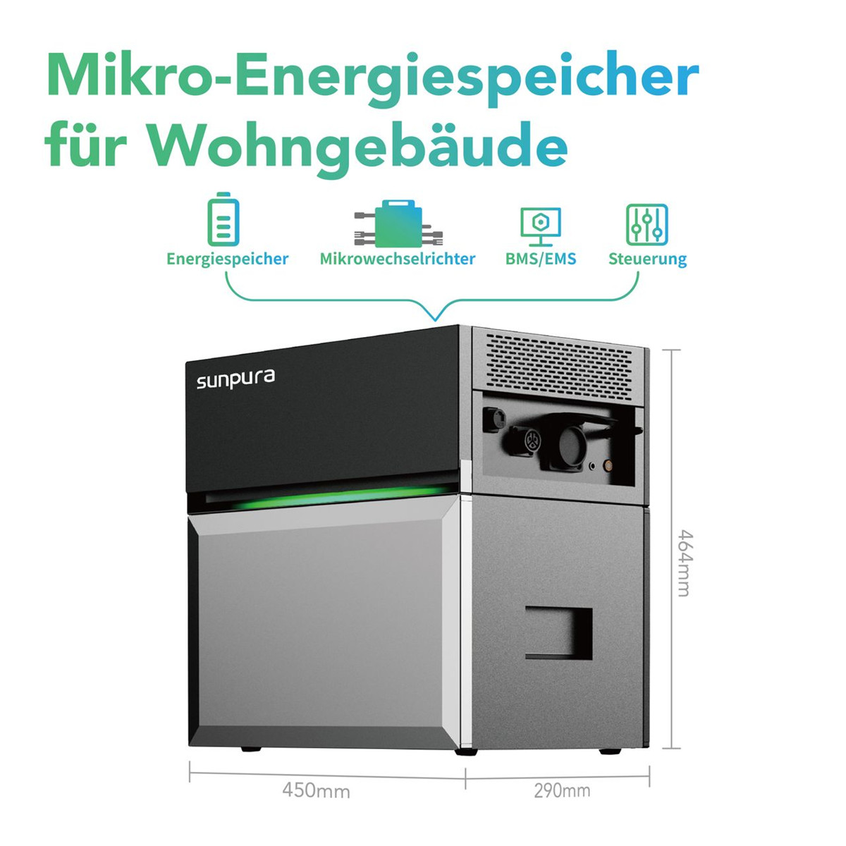 Ein schwarzer und grauer Sunpura Mikro-Energiespeicher für Wohngebäude.