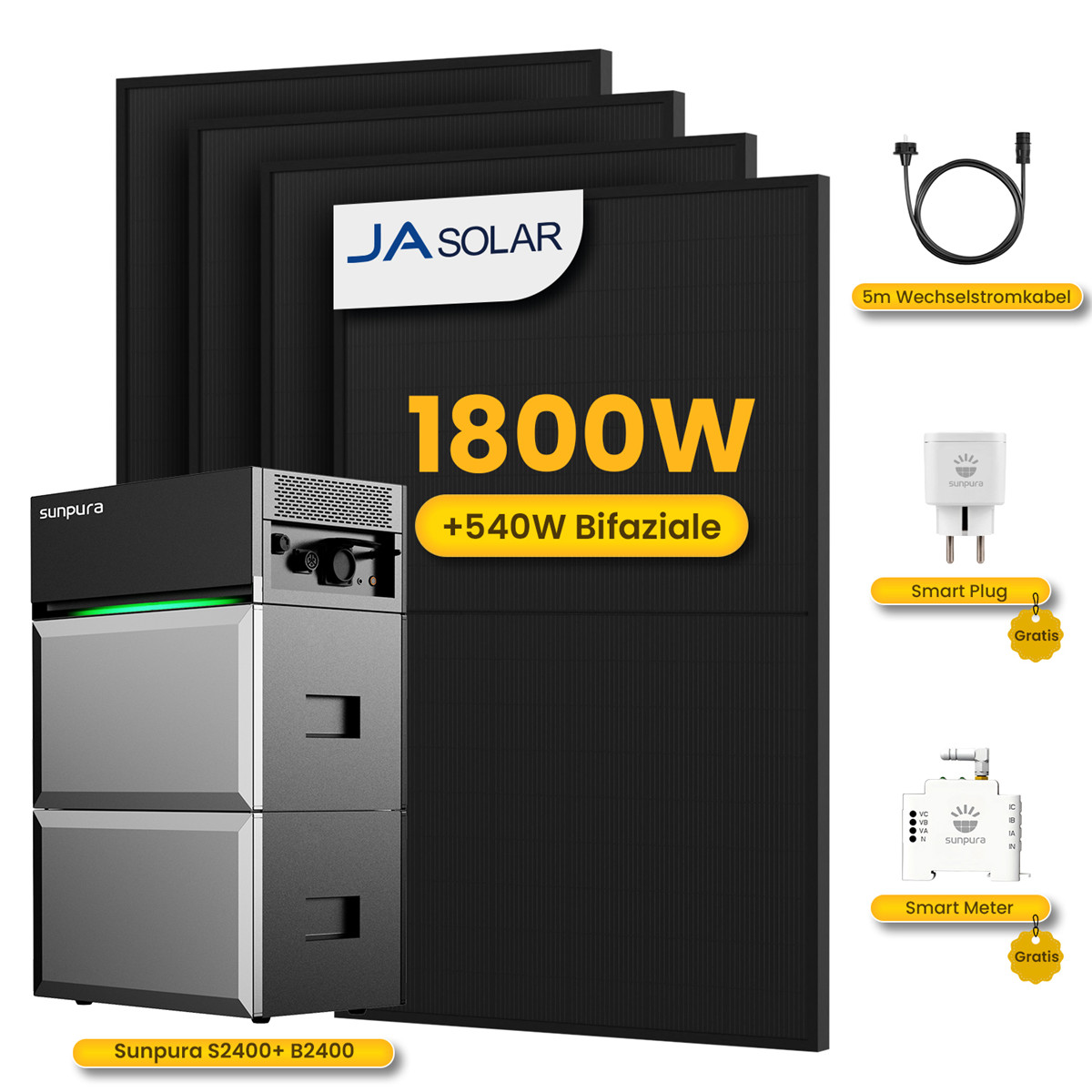 JA Solar 1800W Bifaziale Solarmodule mit Sunpura Speicher, Smart Plug und Meter.