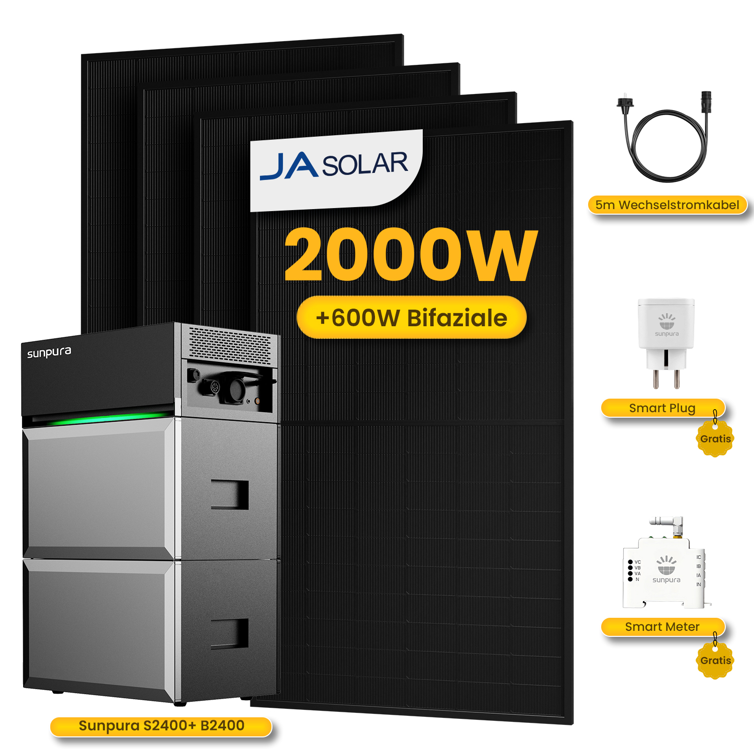 JA SOLAR 2000W Bifaizale Solarmodule, Sunpura S2400+ B2400, Smart Plug, Smart Meter und Kabel.