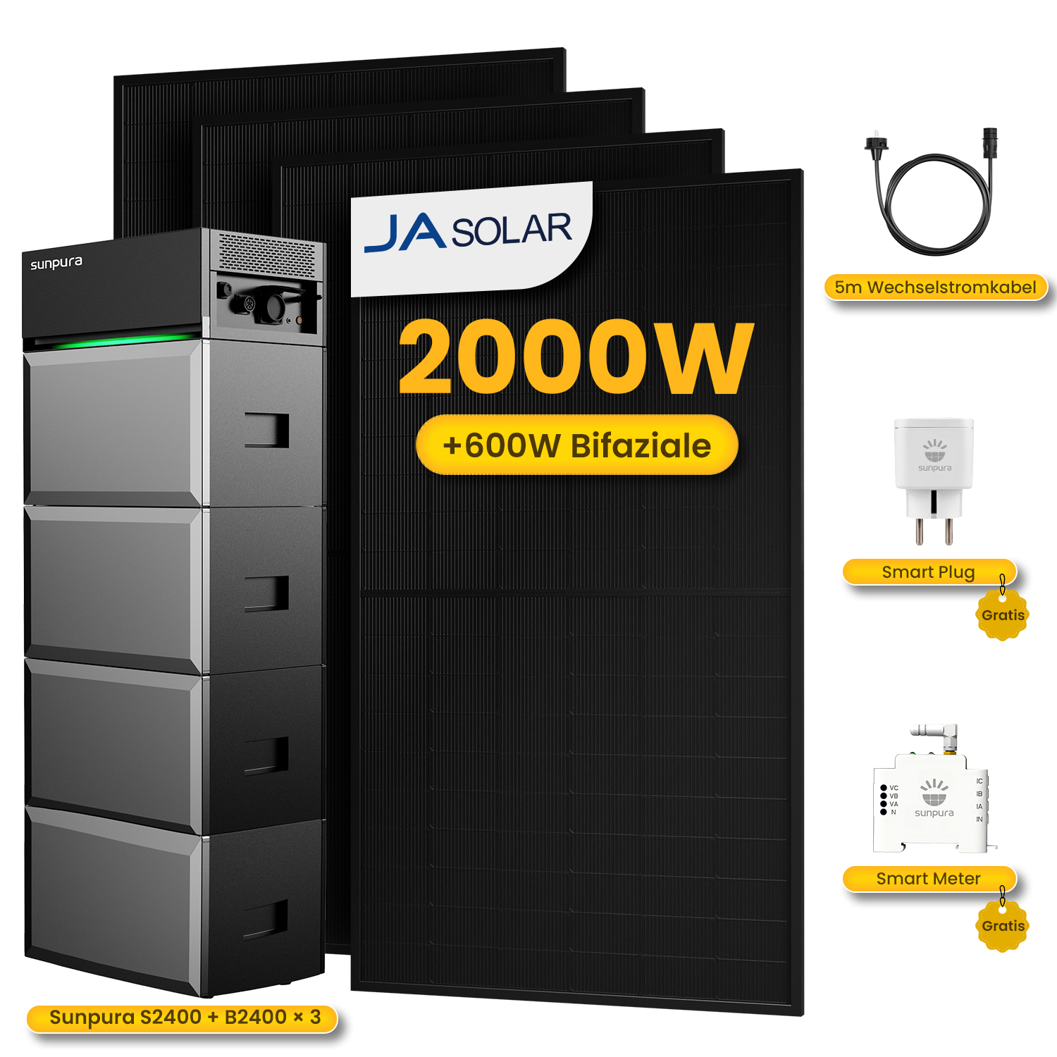 Sunpura S2400 Speicher, 3x B2400 Module, Solarmodule, Kabel, Smart Plug und Smart Meter.