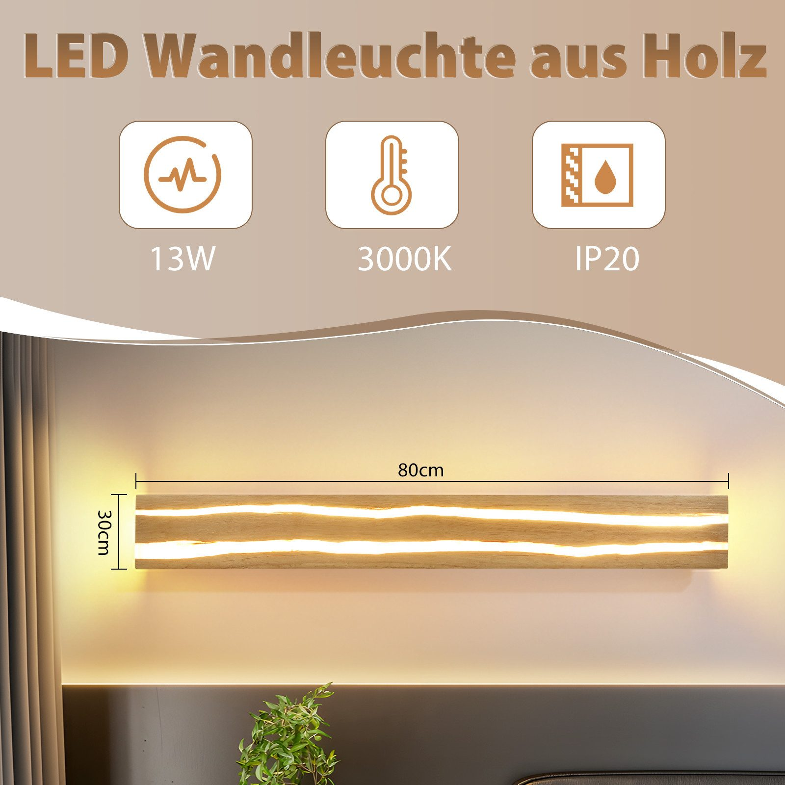 Lampada da parete in legno con LED, 80x30cm, 13W, 3000K, IP20.